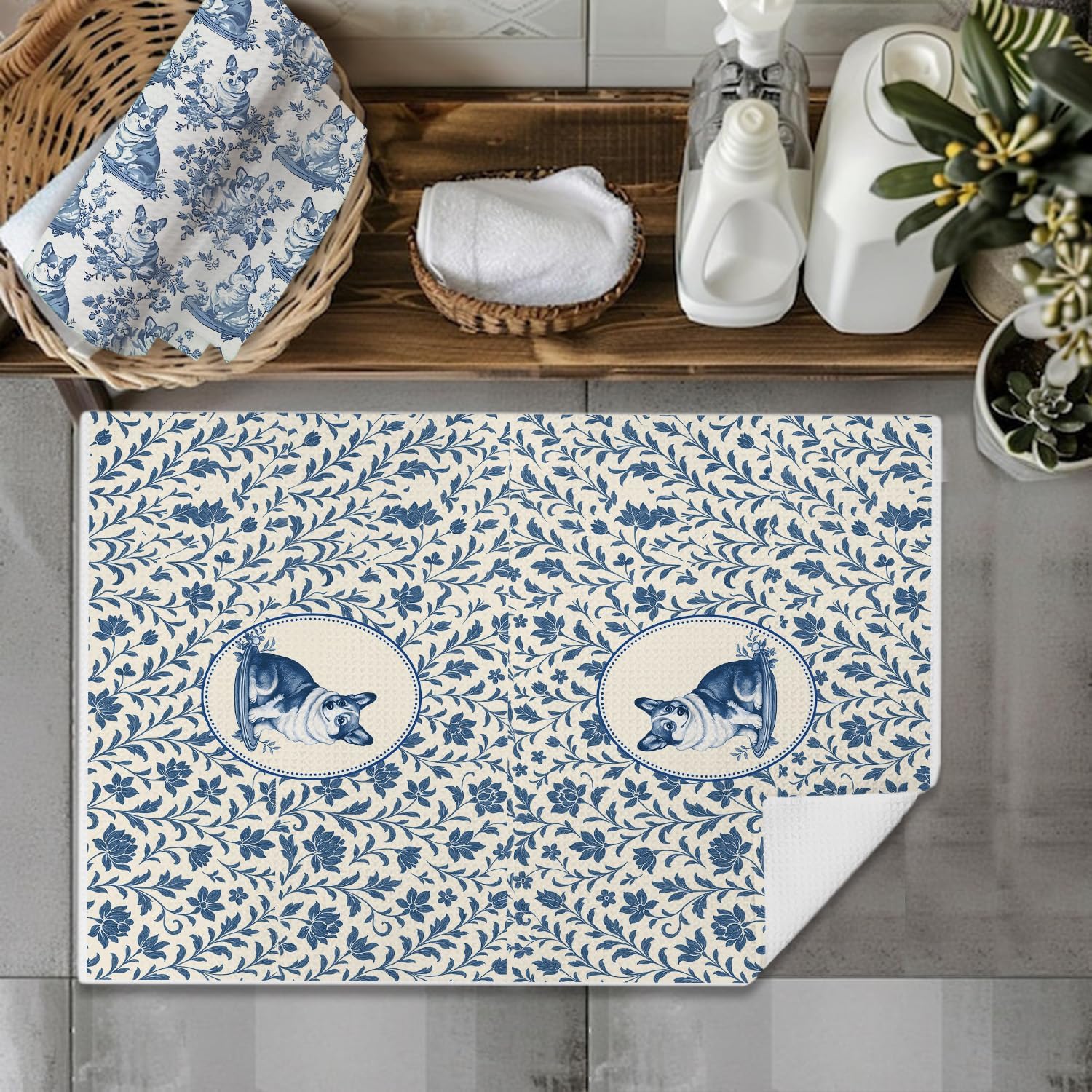 Blue Chinoiserie Welsh Corgi Kitchen Towels, Corgi Lover Gifts Dish Tea Towels for Kitchen, Vintage French Toile Dog Decorative Hand Towel for Bathroom, Dog Lover Gifts, 16x24 Inch Set of 2 image 5