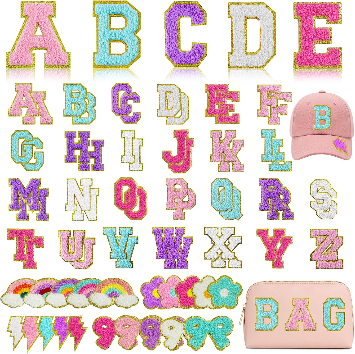 72Pcs Self-Adhesive Chenille Letter Patches 52 A-Z Felt Letters, 20 embroidered designs (bows, rainbows, flowers, lightning bolts). Perfect DIY decor for backpacks, handbags, hats & fabric goods.