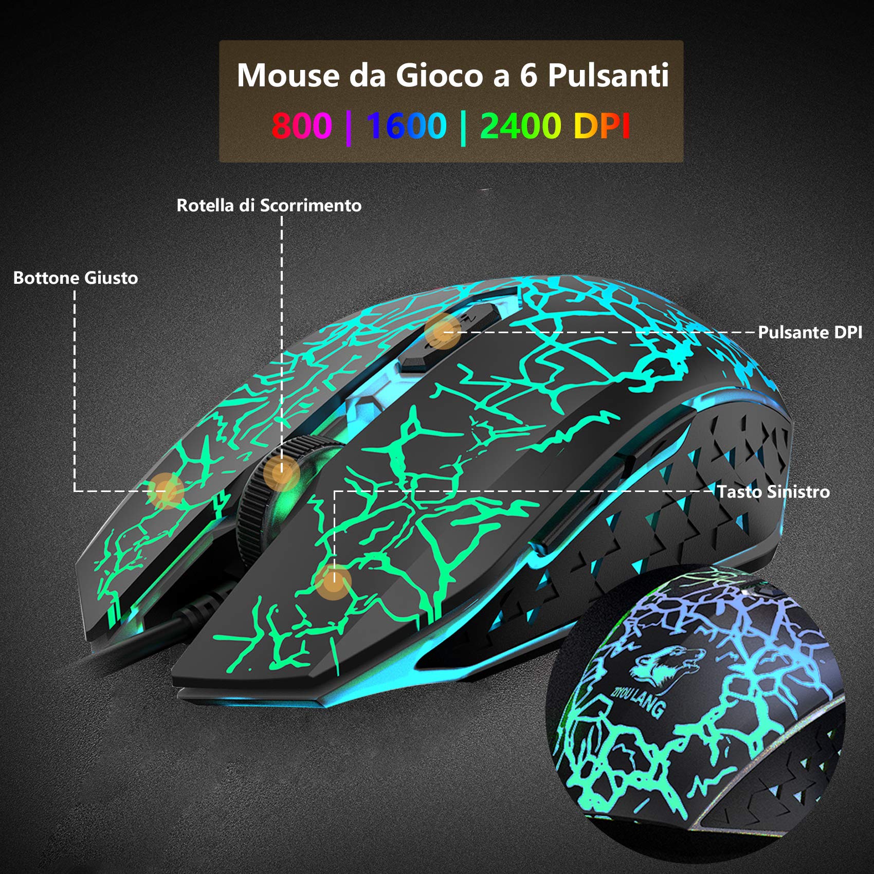 Gaming Tastatur Und Maus Set, Italienisches Layout Regenbogen LED Hintergrundbeleuchtung Ergonomische Keyboard 6 Tasten 2400 DPI Maus und Mauspad, USB Verkabelt, Kompatibel mit PS4 Xbox, Schwarz