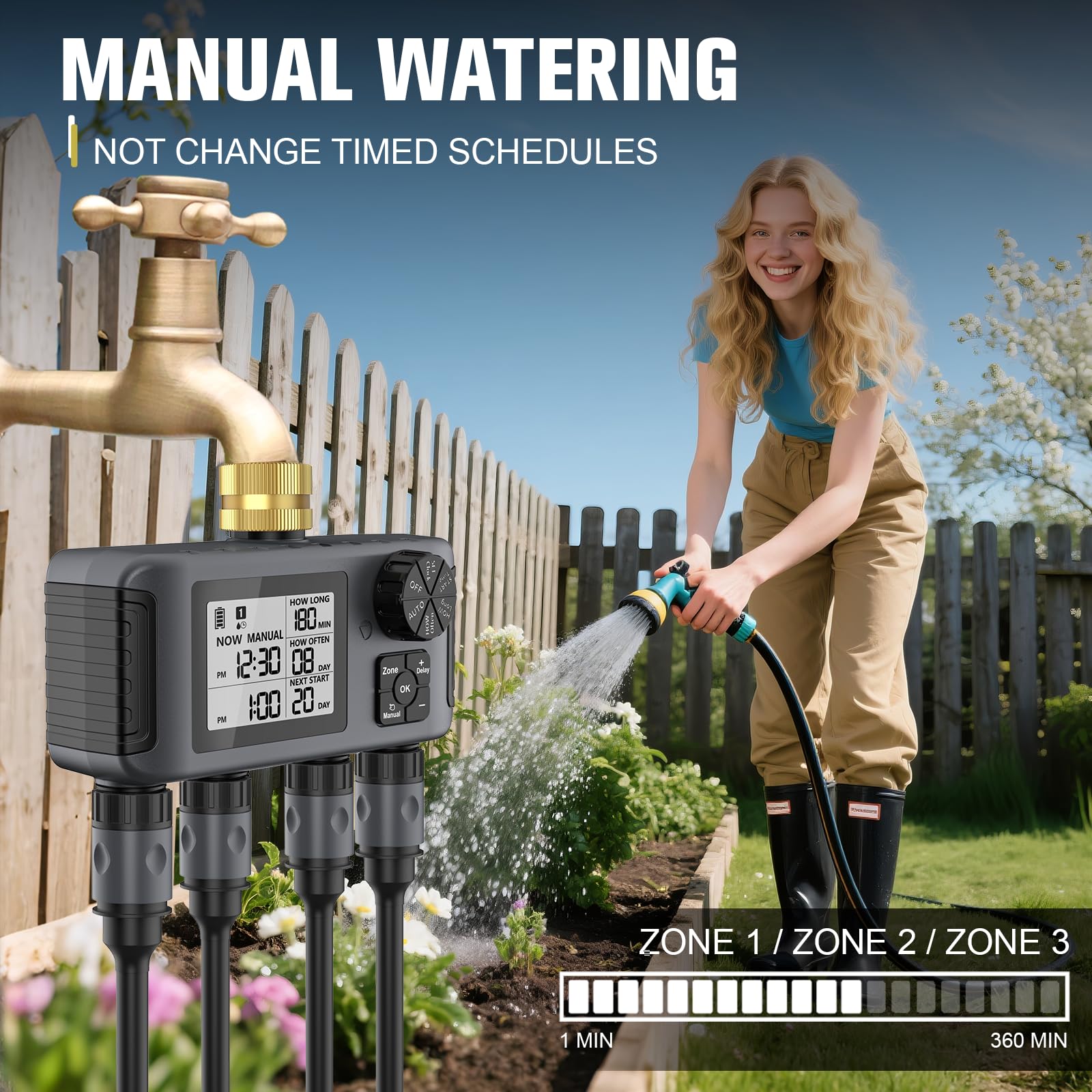 Haozee Irrigazione computer 4 uscite, timer da giardino con ritardo della pioggia/modalità automatica e manuale, IPX5 impermeabile/grande display LCD controllo di irrigazione