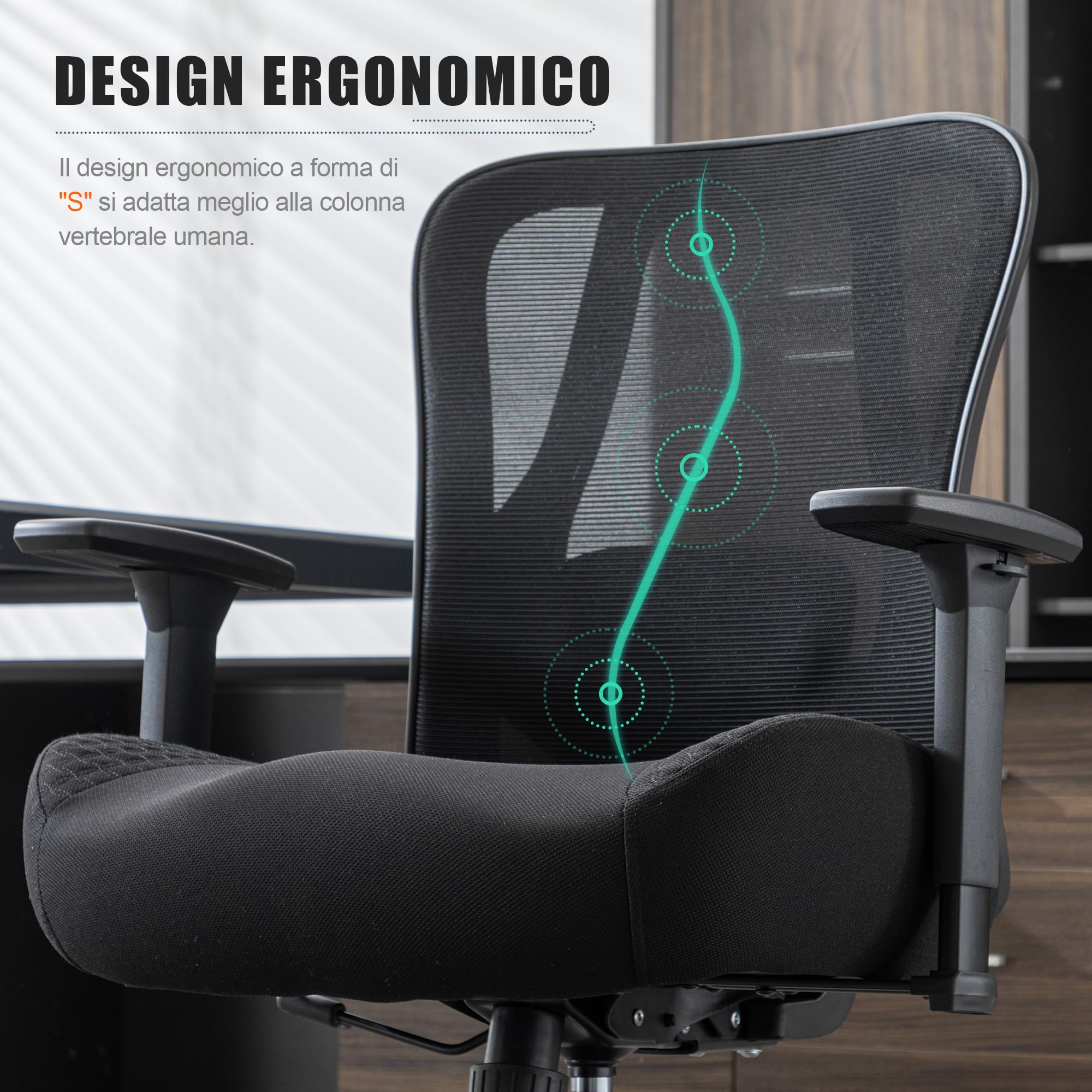 UEV Sedia Ufficio Ergonomica Portata 230KG, 73 x 69 x 93-103 cm, Nero