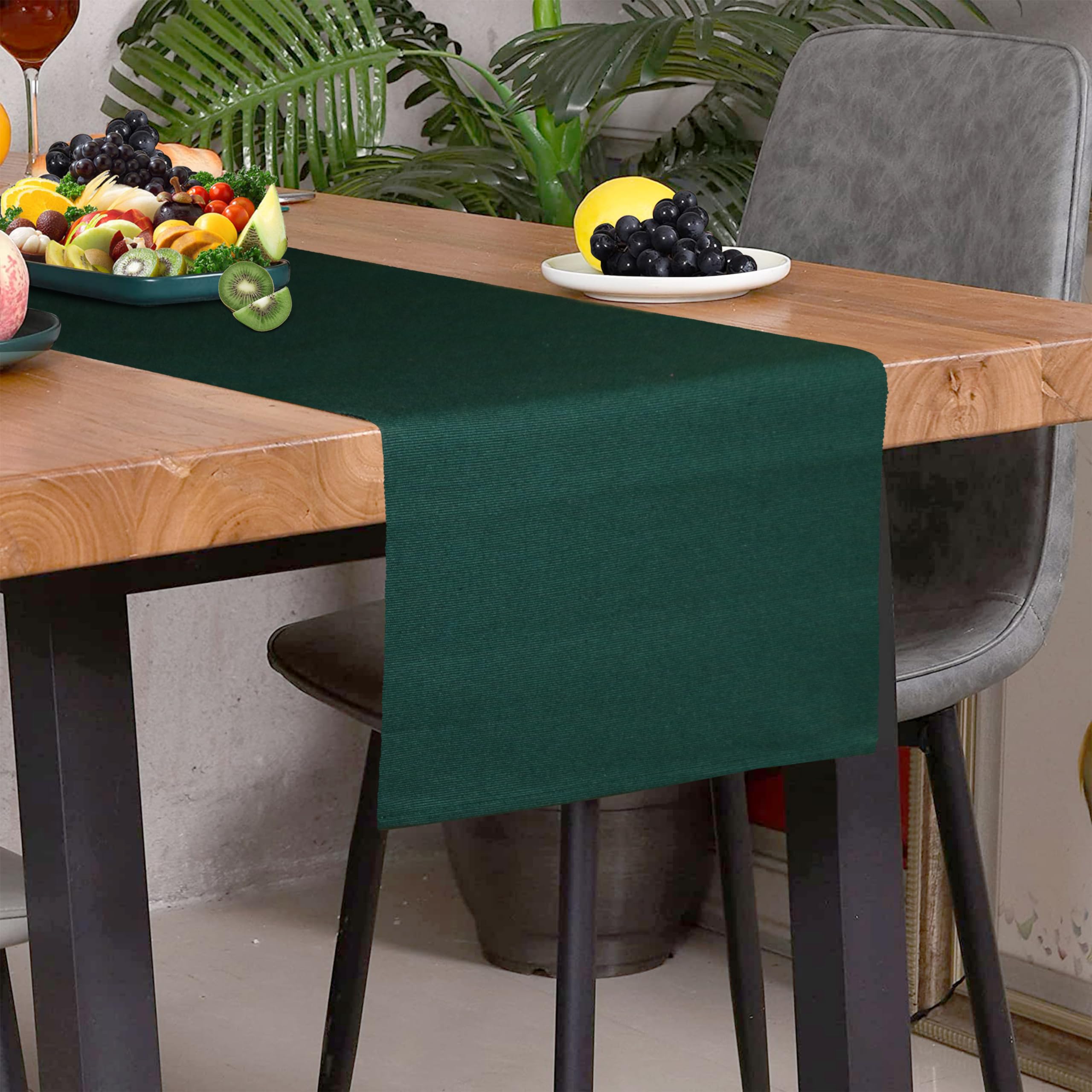 HOME COLORS.IN Cotton Ribbed Runner for Teapoy, TV Table, Coffee Table, Center Table, Dinning Table (14 x 52 Inch, Dark Green)