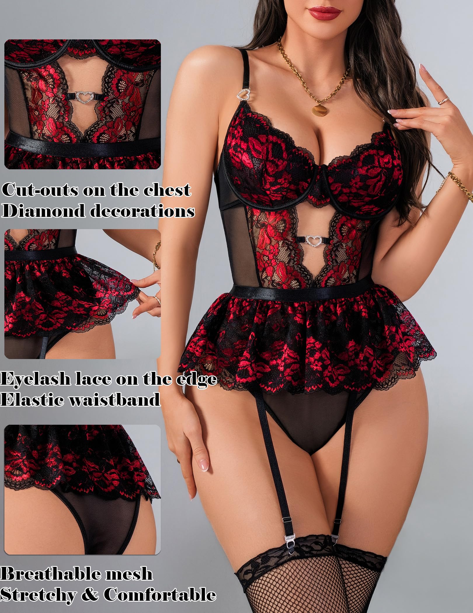 Alrovetoney Women Lingerie Set Naughty Lace Bodysuit High Waisted Underwire Lingerie Babydoll With Garter Belt and Stockings: X-Small Black & Red