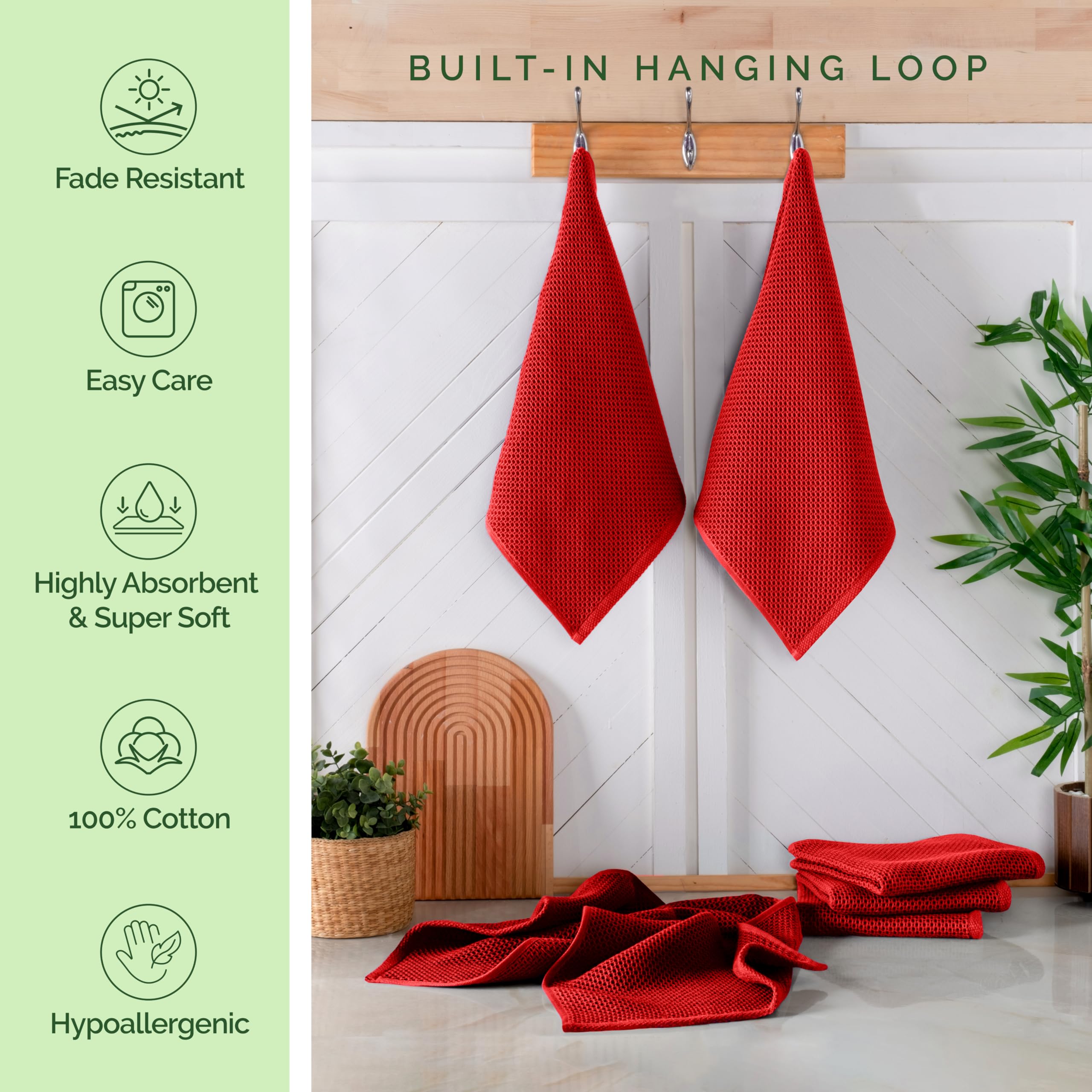 Elegant Comfort Lot de 6 torchons de cuisine 100 % coton turc gaufré, de qualité supérieure, super absorbants, ultra doux, multi-usages, 40,6 x 63,5 cm, rouge