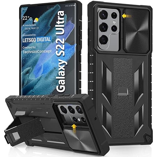 Case for Samsung Galaxy S22 Ultra 5G: Military Grade Drop Proof Rugged Protective Phone Cover with Built-in Kickstand & Slide |Shockproof Bumper Protection Textured Matte 6.8 Inch-Black
