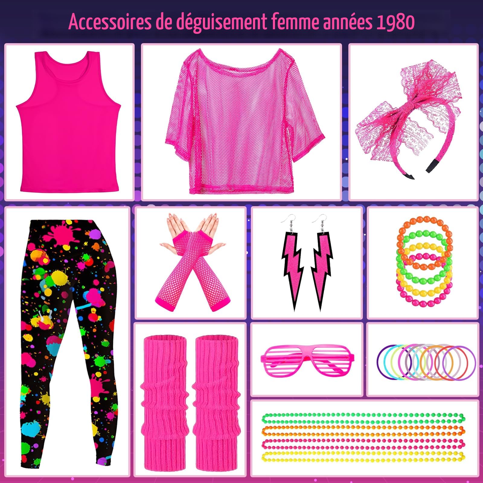 Déguisement Année 80 Femme, 26 Pièces Vetement Annee 80 Disco Fluo Accessoire Femme, Vetement Fluo, Costume Années 80 90, T-shirt, Jambières, Gants En Résille, Disco Costume Fête Néon