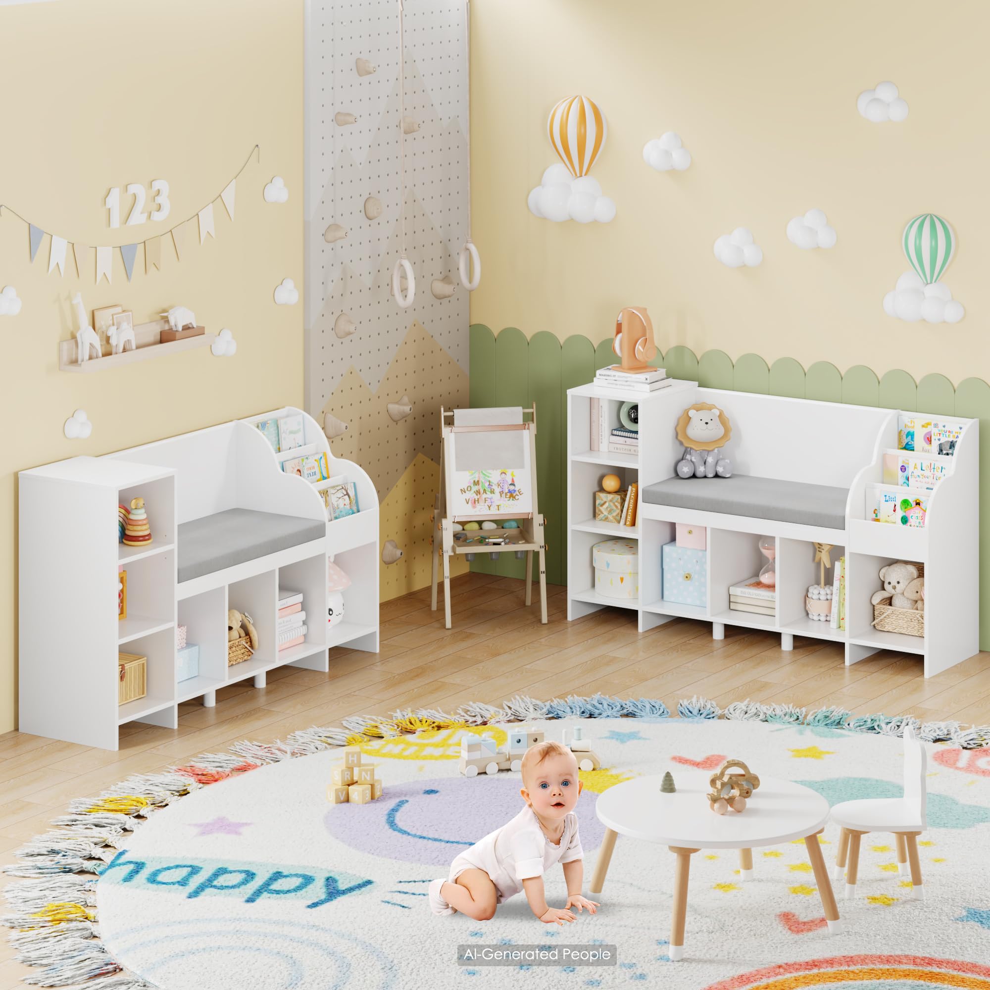 HOCSOK Estantería Infantil, libreria Infantil con Cojín, Almacenaje Juguetes con 7 Compartimentos, Infantil Blanco, Banco, 80×40×138.5cm
