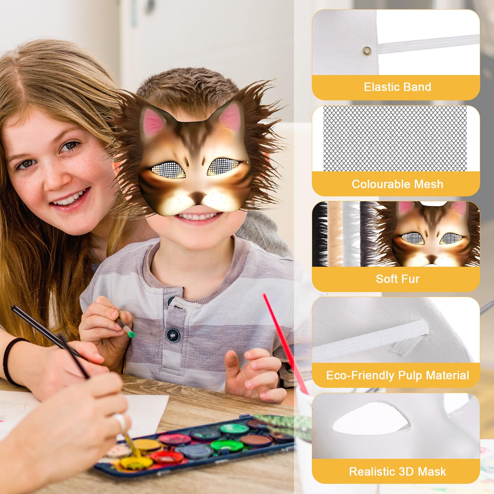 Starvortex 10 Pezzi Maschera Gatto Fai Da Te, Kit Completo con Colori Acrilici e Pelliccia Sintetica per Therian Mask, Maschere da Gatto Personalizzabili per Halloween, Carnevale, Cosplay
