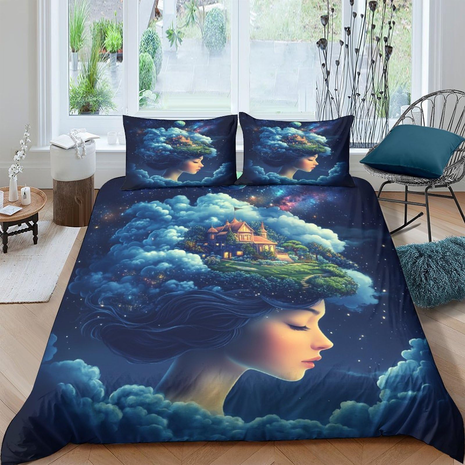 Fantasia onirica Impressione 3D 3 pz cover piumone Stile artistico fantasy fodera per edredone microfibra morbida ipoallergenica per ragazze donne adulti Super king（260x220cm）