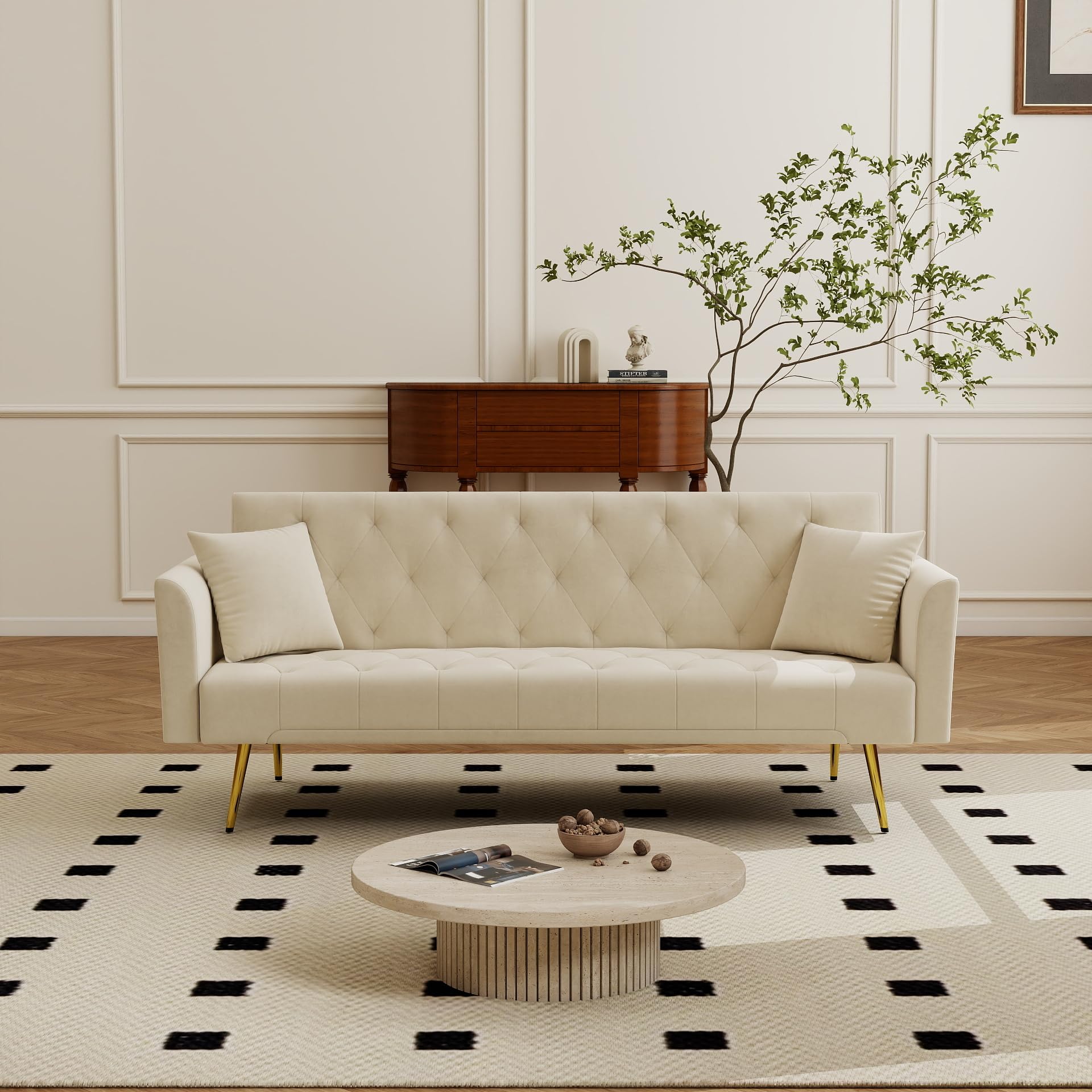 KEIKI 72" Futon Sofa Bed, 2-in-1 Loveseat, Velvet Upholstered Couches for Living Room, Sofa Sleeper for Small Space, Comfy Supportive Rest Space Elegant Modern Studio Design, Beige