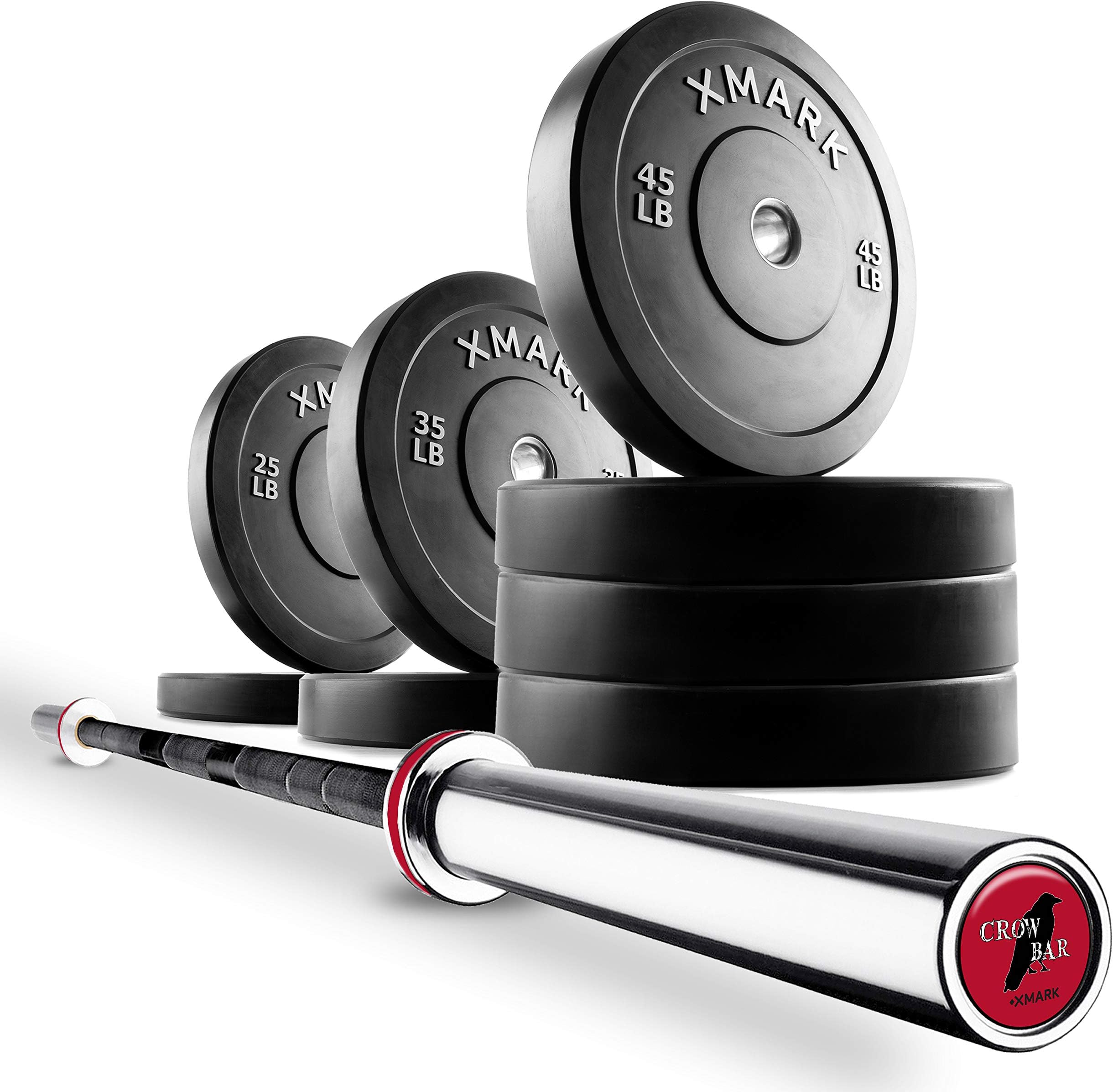 XMark Deadlift Crowbar Commercial Olympic Bar Plus a Set of XM-3385 Slim Profile, Low Bounce Premium Olympic Bumper Plates
