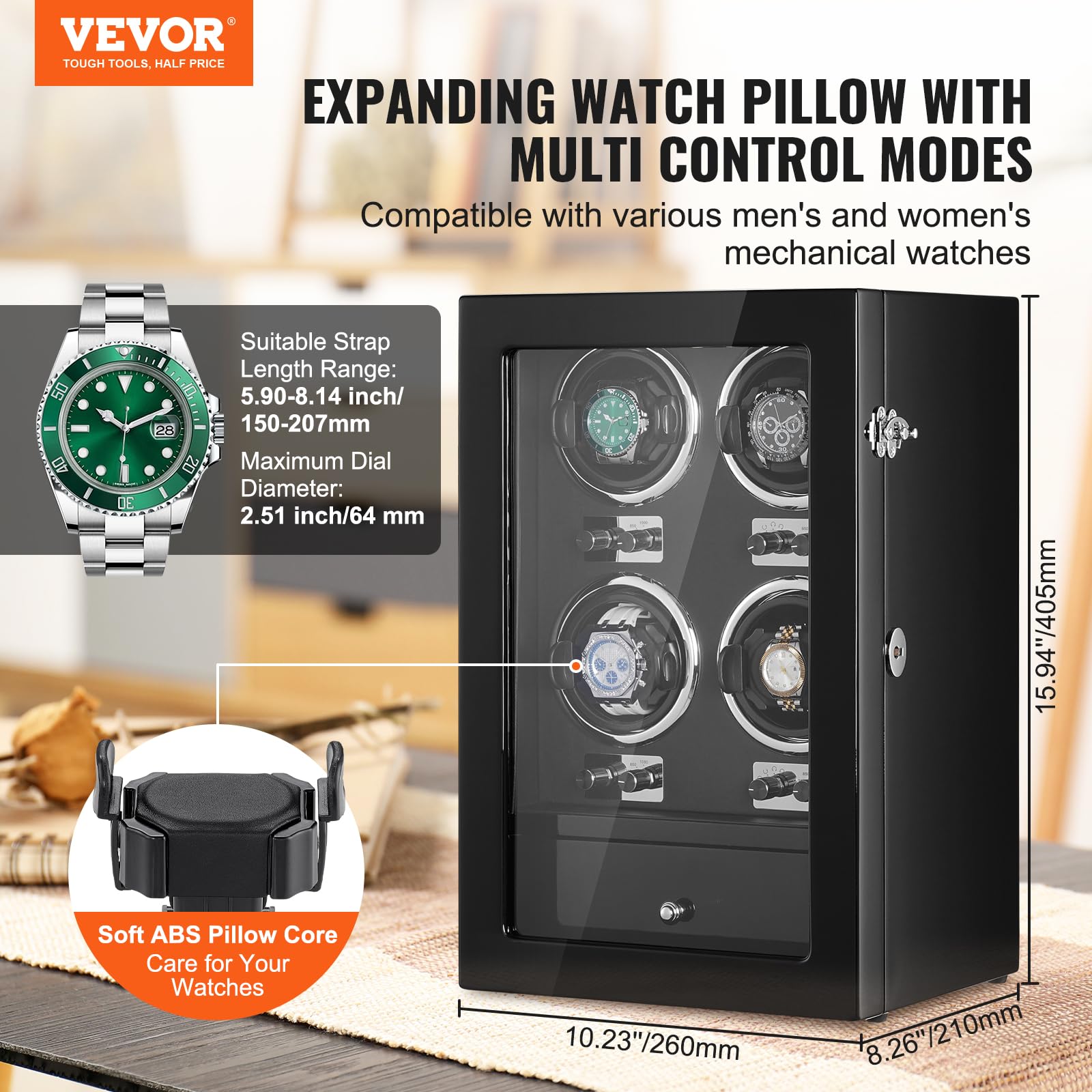 VEVOR Uhrenbeweger Uhrenbeweger für 4 Herren Damen Automatikuhren, mit 4 super leisen japanischen Mabuchi-Motoren, blauem LED-Licht und Adapter, hochdichter Boardschale und schwarzem PU