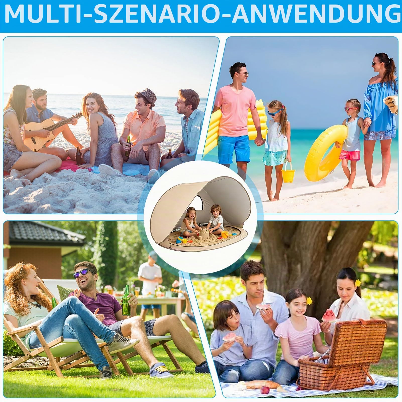 Strandmuschel Baby UV Schutz 50, Strandmuschel Pop Up Strandzelt 1-3 Personen, Tragbarer Windschutz Strand Zelt mit Tragetasche & Bodenheringe, Automatisches Wurfzelt für Familie Camping Garten