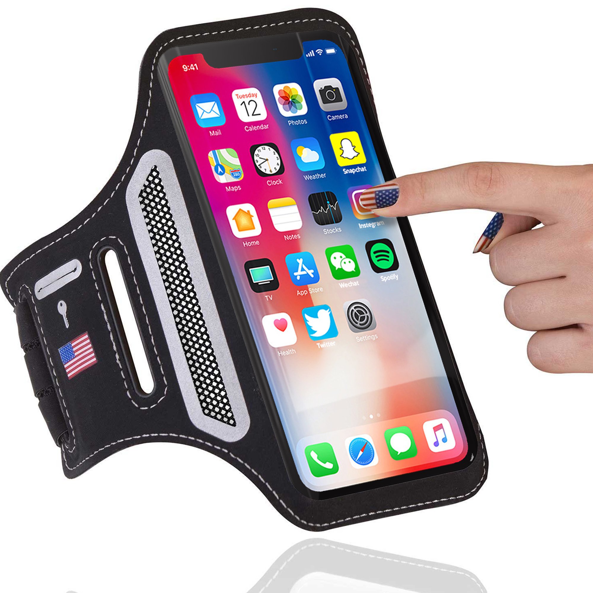 DanForce USA Armband for iPhone X / 8+ / 7+ / 6+ / 6s Plus, Touch Supported, iPhone 7+ Armband for Running & Sports Workout Exercise, Gym Arm Band Case with Card Pockets and Key Slot (U.S.A Design)