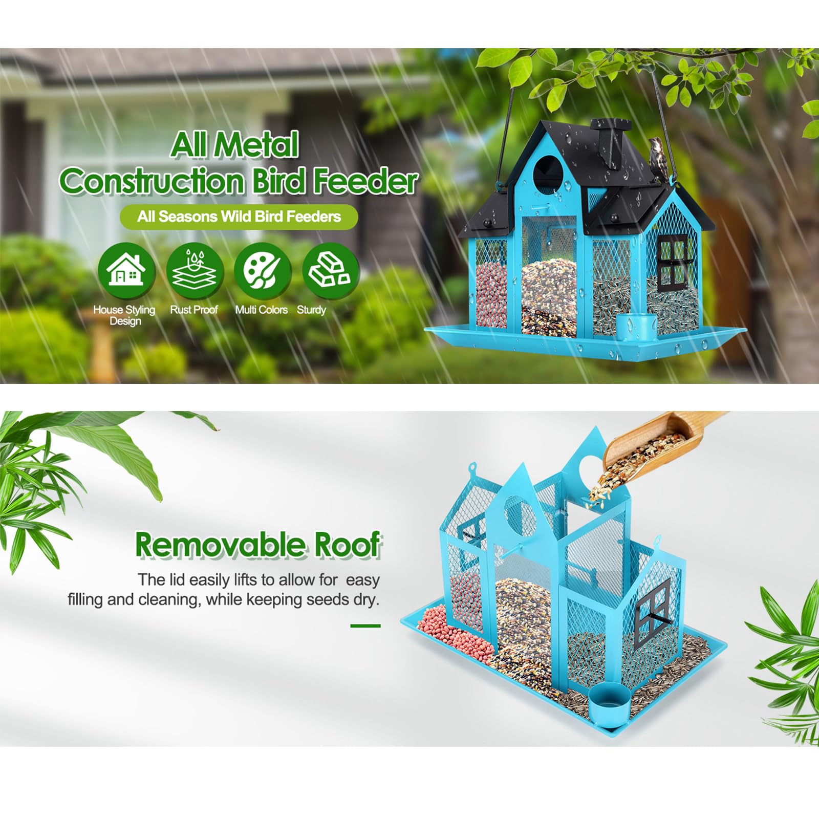 Comedero para pájaros de gran capacidad para exteriores con doble jaula de sebo con energía solar, comedero para pájaros silvestres para atraer varios pinzones de pájaros