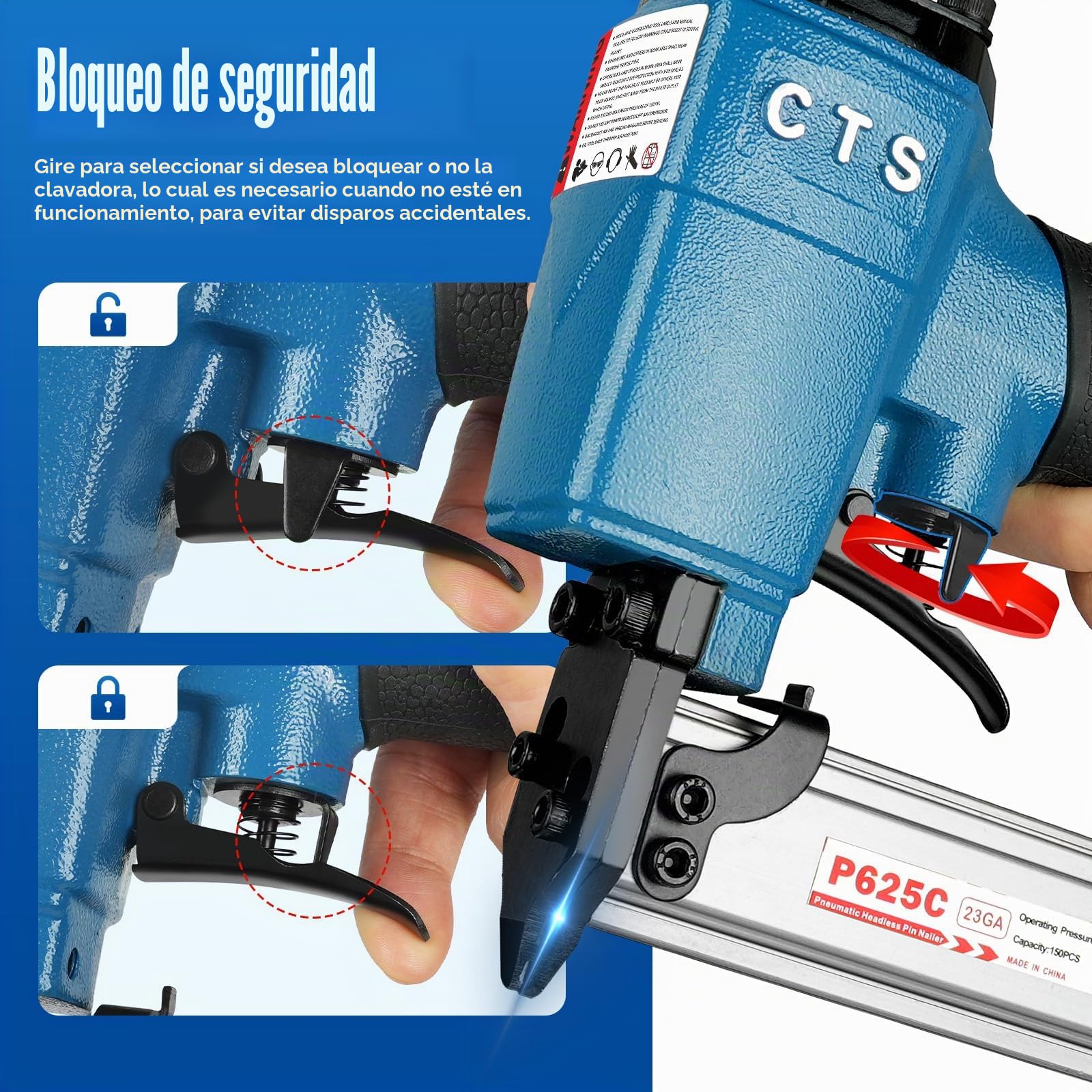 CTS P625C - Clavadora de pines de calibre 23 con 3000 piezas de clavos, pistola neumática de clavos sin cabeza con bloqueo de seguridad, se adapta a clavos de pines de 1/2'' a 1'' (12 a 25 mm