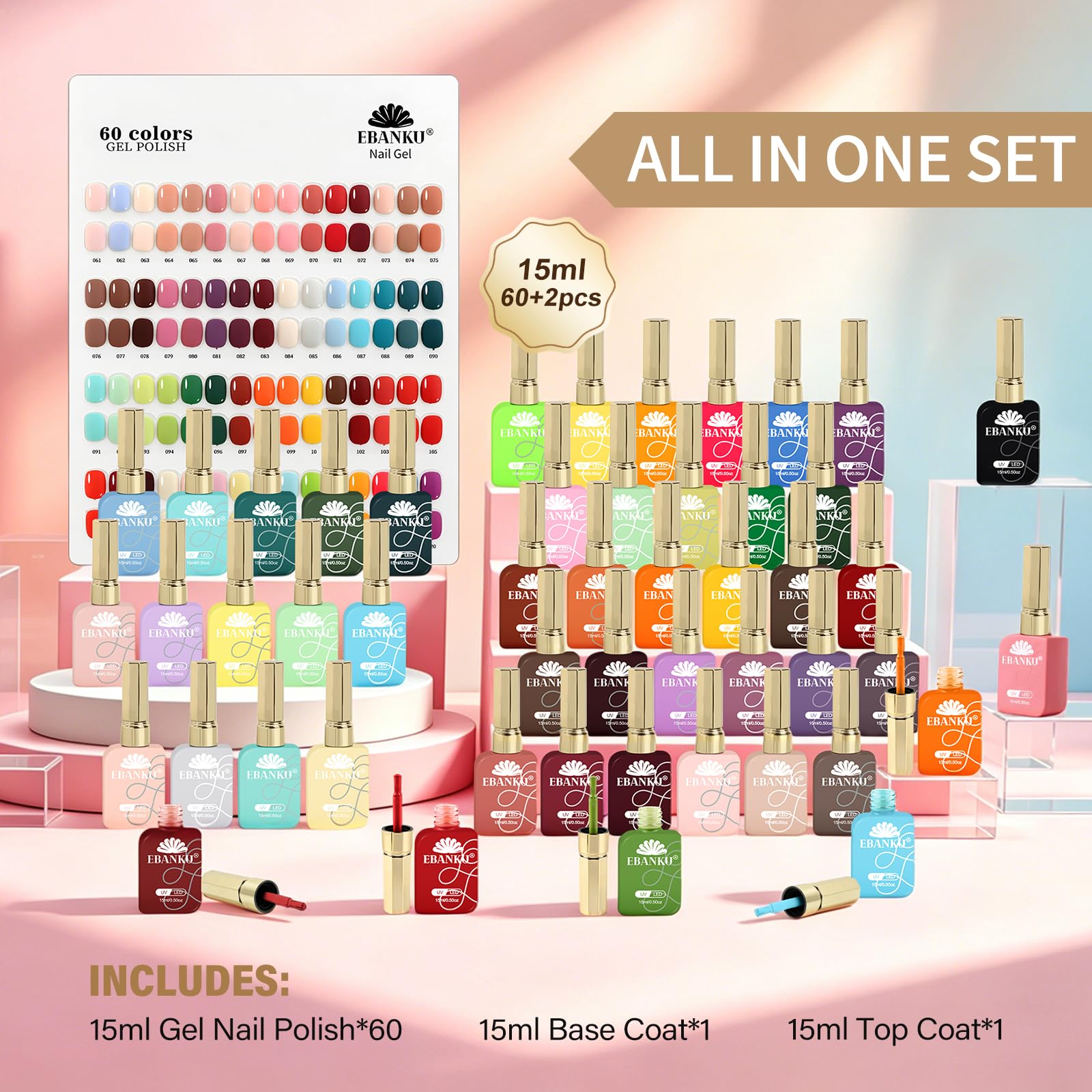 EBANKU Set di smalti gel per unghie in 60 colori, dello stesso colore, | flacone da 15 ml, smalto gel rimovibile naturale, per nail art, manicure, saloni di bellezza, fai da te a casa