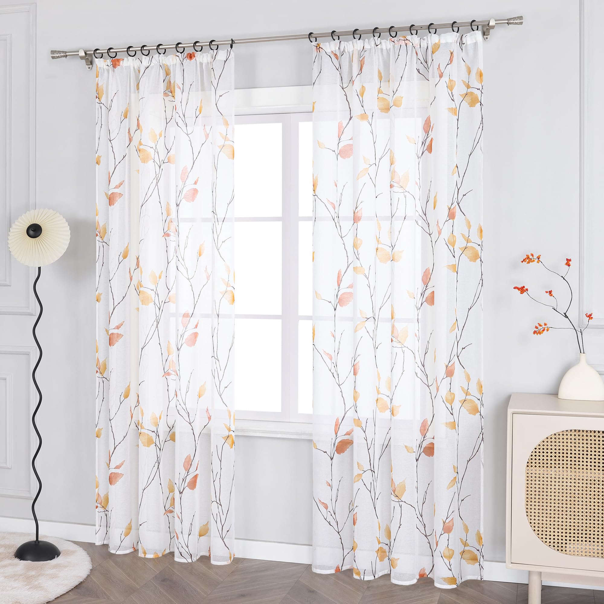 ESLIR Gardinen mit Kräuselband Vorhänge Gardinenschals Transparent Dekoschals mit Blumen Muster Landhaus Orange BxH 140x245 cm 1 Stück