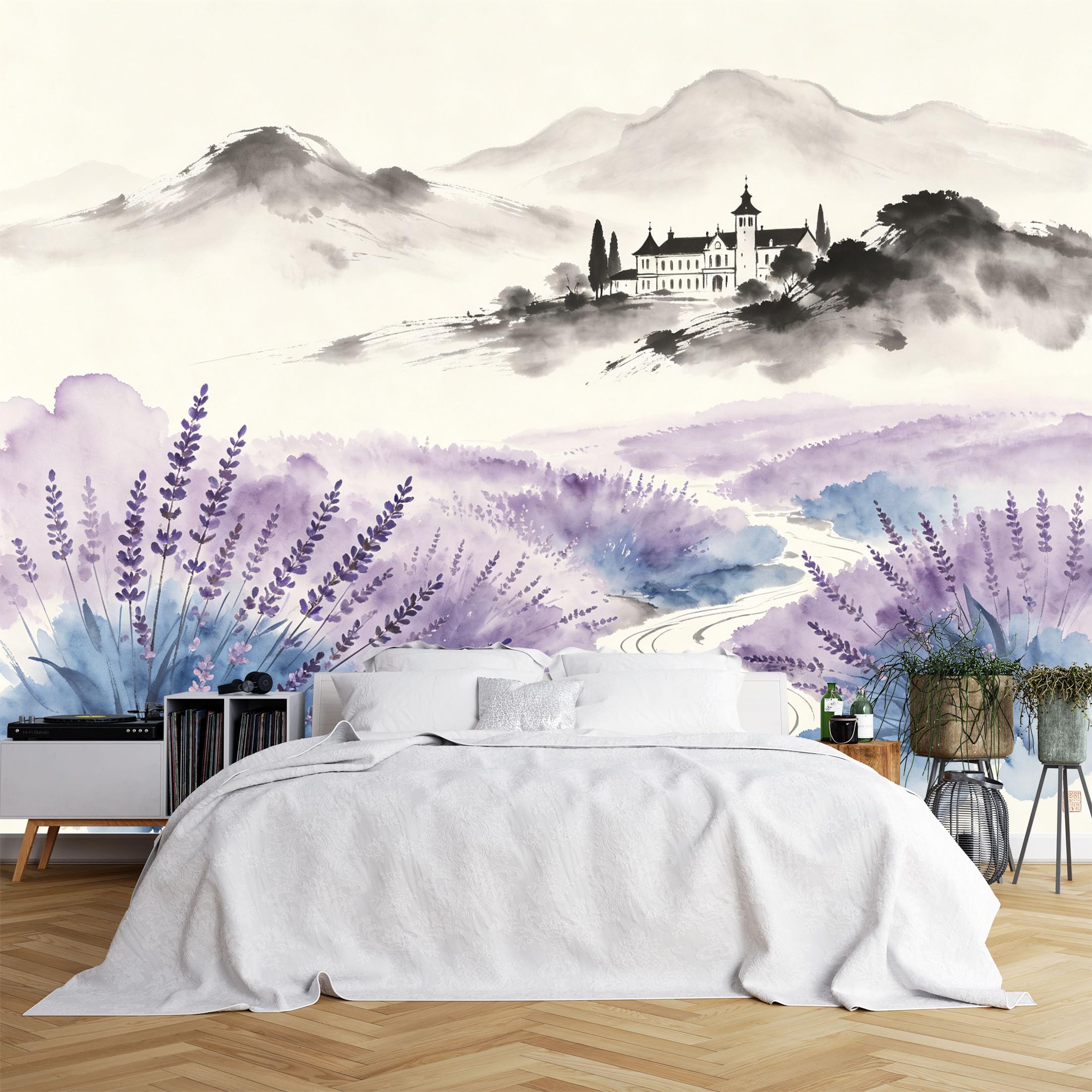 Custom Size Wall Murals Watercolor Lavender Field with Castle Wallpaper, Large Photo Wallpaper Self-Adhesive Removable Wallpaper for Living Room, Bedroom