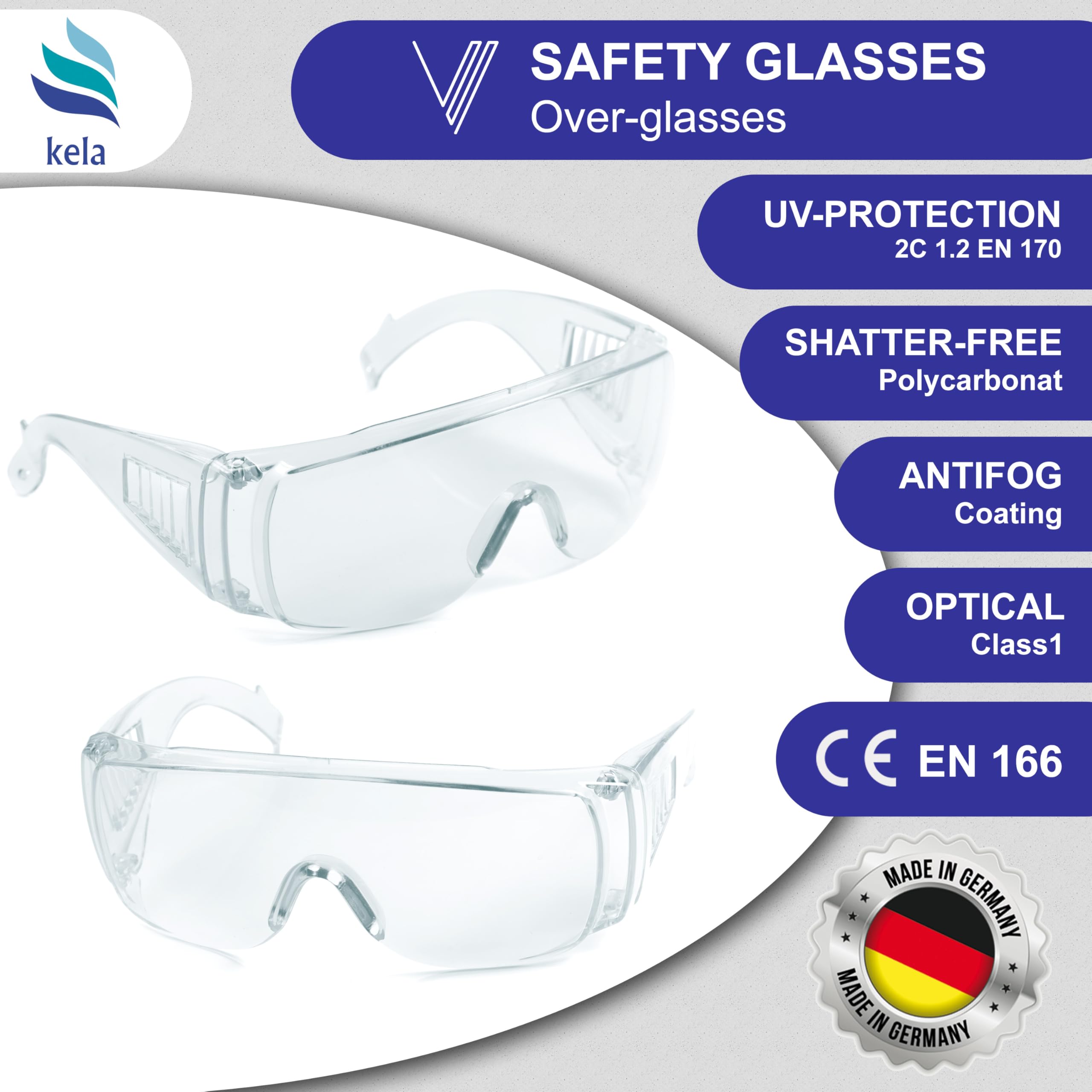 kela 2 szt. Okulary ochronne KelaP1S1, Made in Germany, nietłukące się okulary ochronne z powłoką zapobiegającą parowaniu i ochroną UV, lekkie i przezroczyste, nadają się dla osób noszących