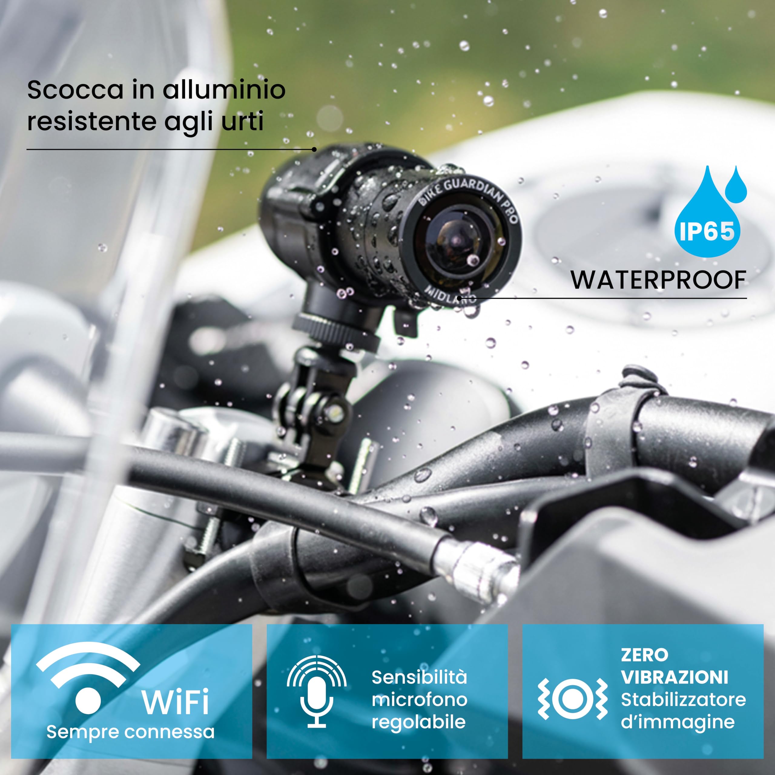 Midland - Bike Guardian PRO, Dash Cam e Action Cam Moto 2K, Videocamera Accessori Moto con Sensore Sony, Stabilizzazione Avanzata, Impermeabile IP65, Streaming Live, Dashcam con Autonomia 2 Ore