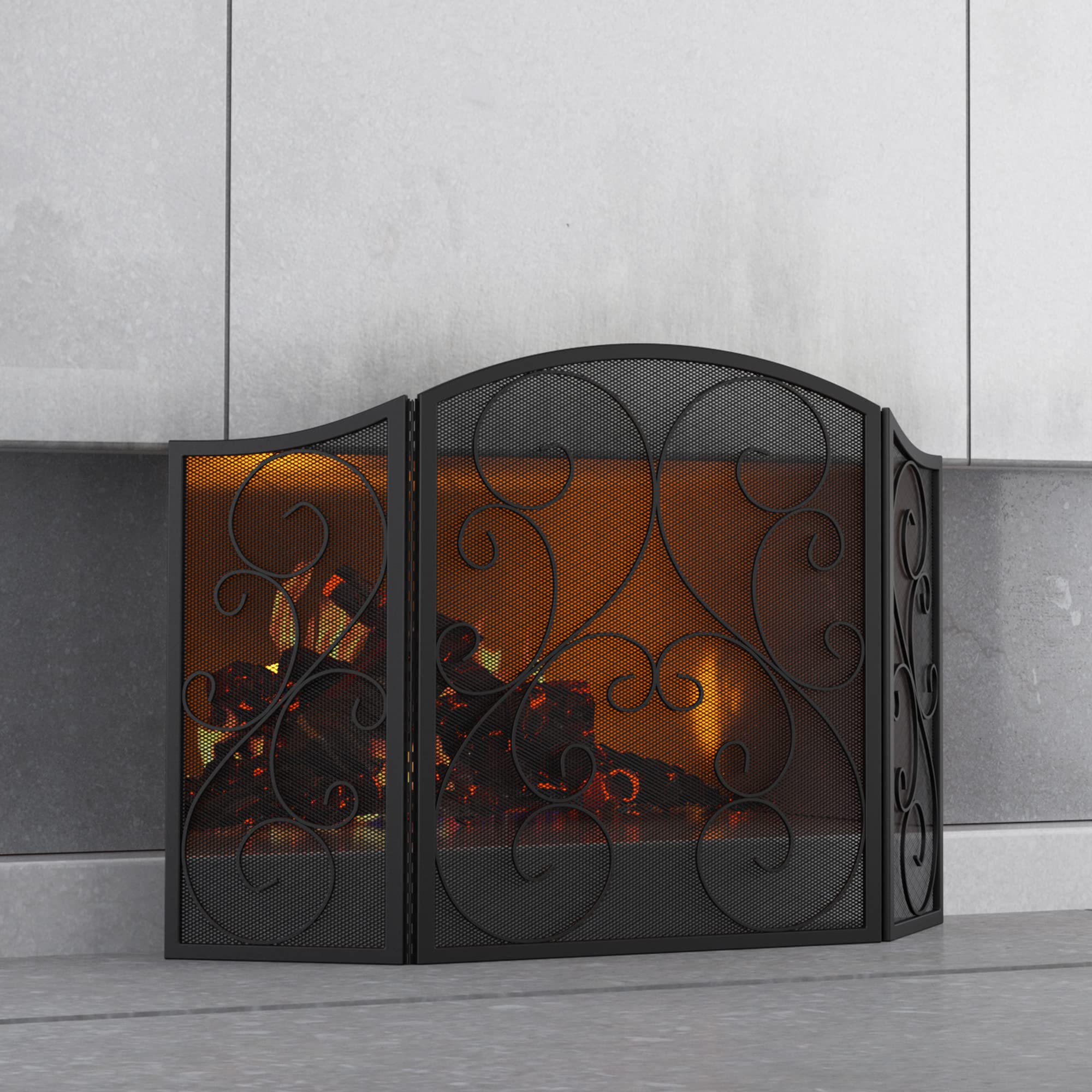 Paravento Per Camino Fire Beauty Con Porte A Battente - Struttura In Acciaio Nero Opaco, Rete Metallica - Parascintille Autoportante, Design Artigianale Per Sicurezza E Stile