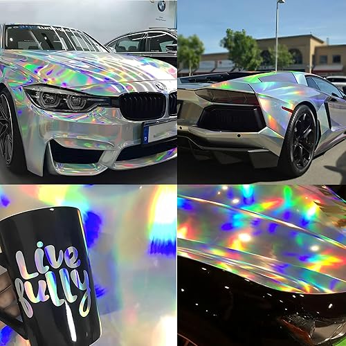 Miniatura 5 de Lypumso Envoltura holográfica de vinilo plateado láser, adhesivo metálico cromado PET para automóvil, película brillante de liberación de aire,