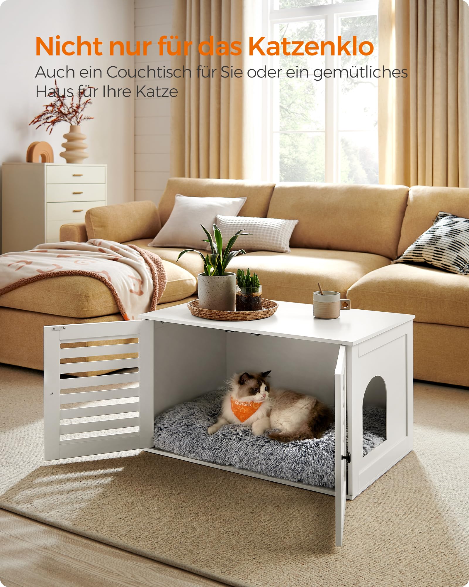 Feandrea Katzenklo-Schrank, Katzenhaus mit herausnehmbarer Trennwand, 2 Lamellentüren, Katzentoilette, Beistelltisch, 80 x 53 x 49 cm, wolkenweiß PCL003W01