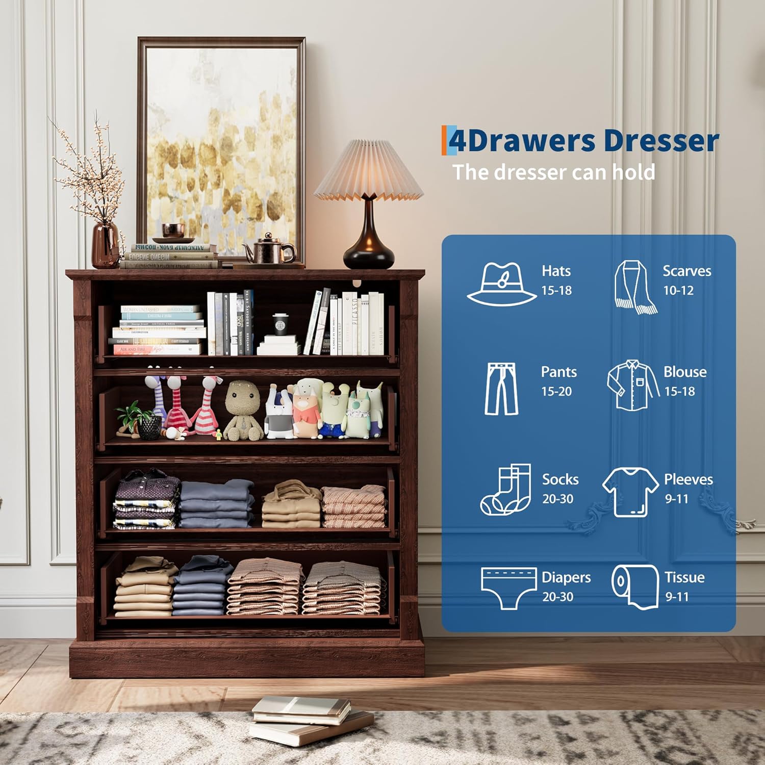 GarveeHome Farmhouse 4 Drawer Dresser for Bedroom, Tall Chest of Drawers with Metal Handles, Rustic Wooden Dresser TV Stand, for Living Room, Hallway, Brown