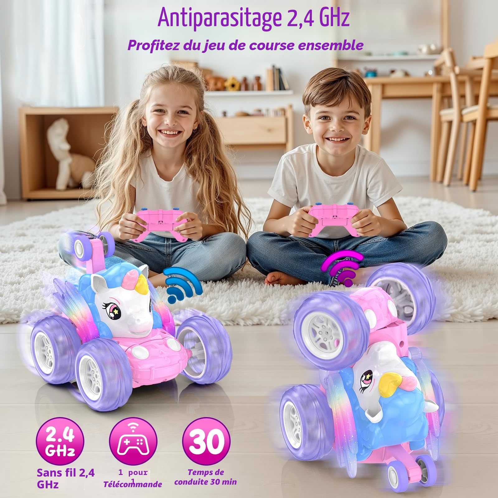 Voiture Télécommandée Fille Licorne Jouet Enfant 3 4 5 6 7 8 9 Ans Fille Voiture Cascadeuse Téléguidé 360° Rotation avec Ailes Brillantes Monster Truck Crawler Car Jeux Filles Cadeau Anniversaire Noël