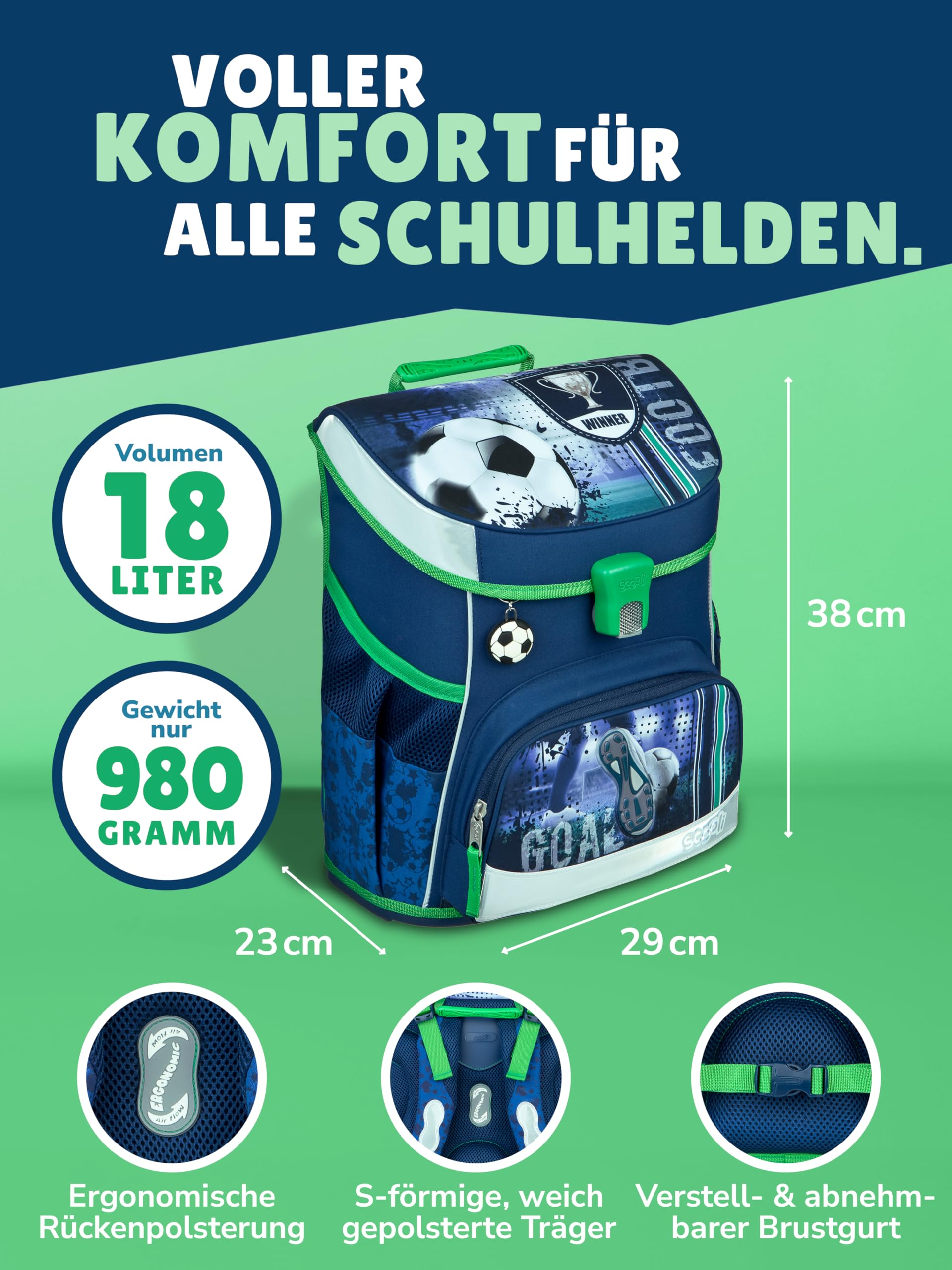 Familando - Scooli Campus Fit Schulranzen Set - 5-teilig mit Federmappe - Fußball Motiv Blau - Ergonomisch, Stabil & 980g leicht - 18L Volumen - Brustgurt & Reflektoren - Für Grundschule ab 1. Klasse