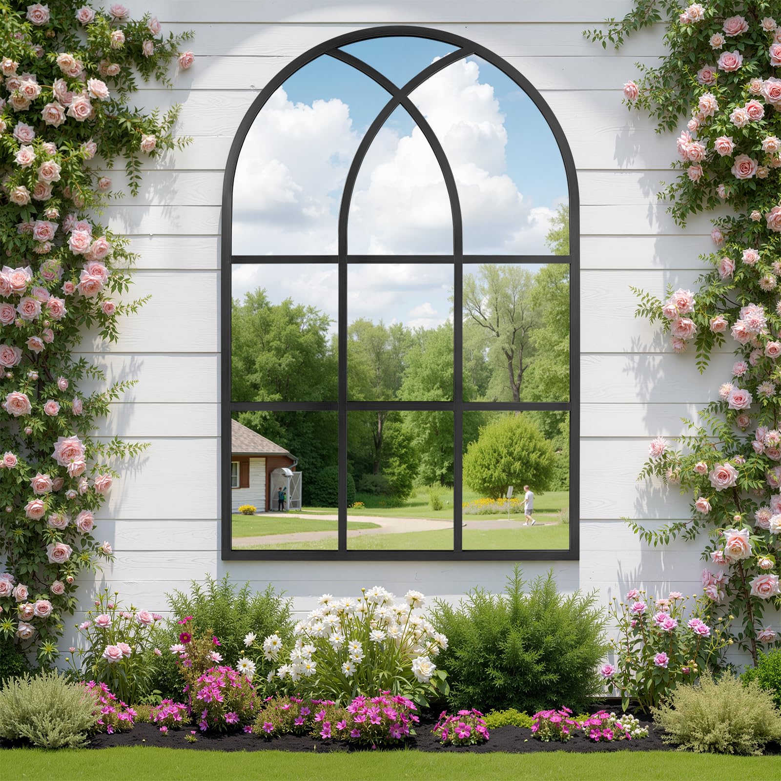 Reflix Miroir cintré, 75 x 120 cm, Miroir mural pour jardin et extérieur, style antique, miroir cintré gothique avec cadre en aluminium, pour couloir, salon, chambre à coucher, entrée, Noir