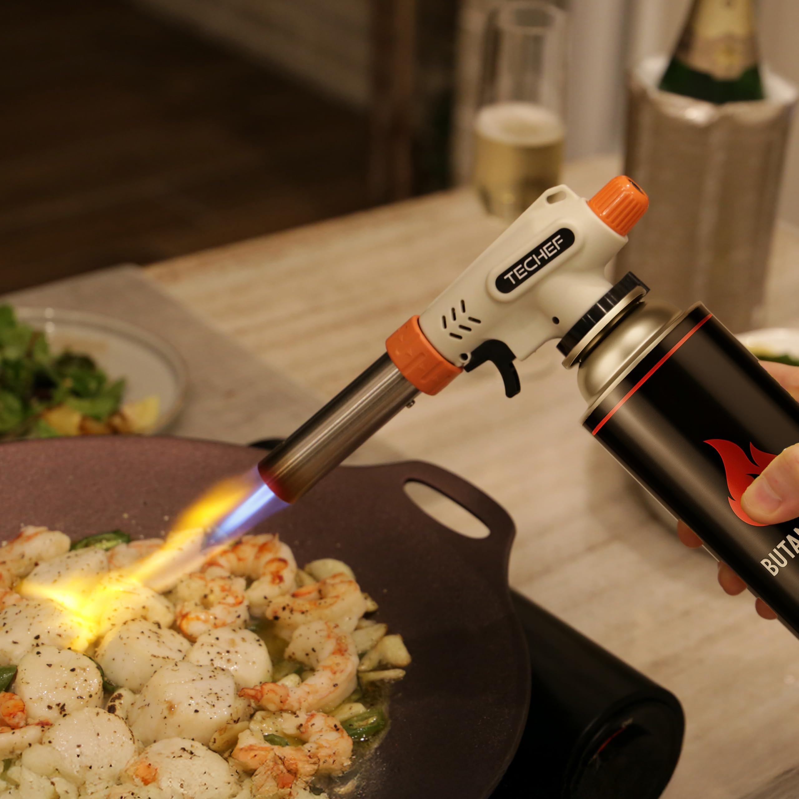 TECHEF Antorcha de butano – Antorcha de butano de cocina profesional culinaria | Fuerza ajustable en forma de llama -16.6 °C | filetes abrasadores, crema brulee, hornear | Anti-flare | Combustible