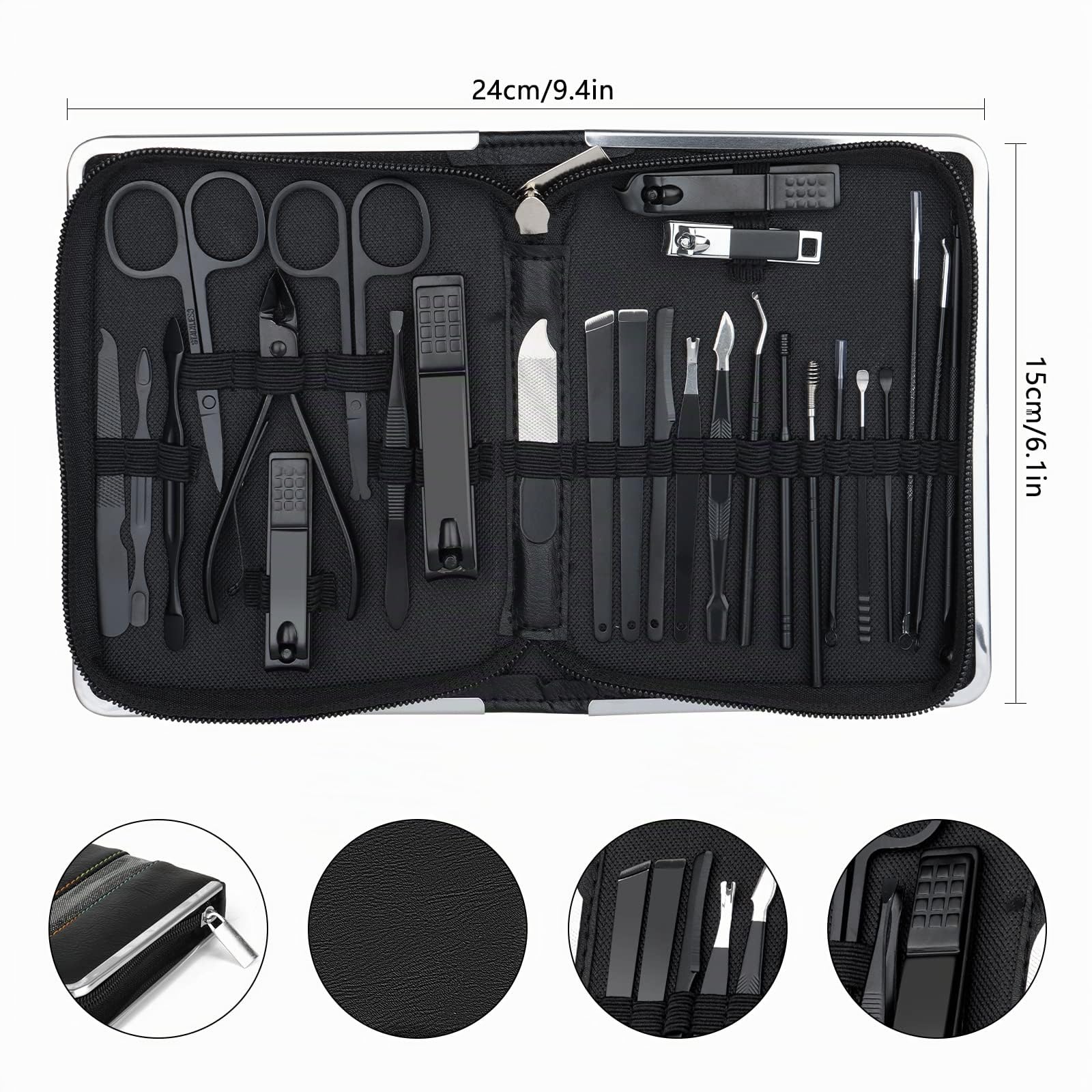 26 Pezzi Set Manicure Professionale Kit Set Tagliaunghie Pedicure Set Donna Uomo con Lima per Unghie Taglia Unghie per Mani Tagliaunghie Piedi Taglia Spingi Cuticole Tronchesino Unghie | Nero