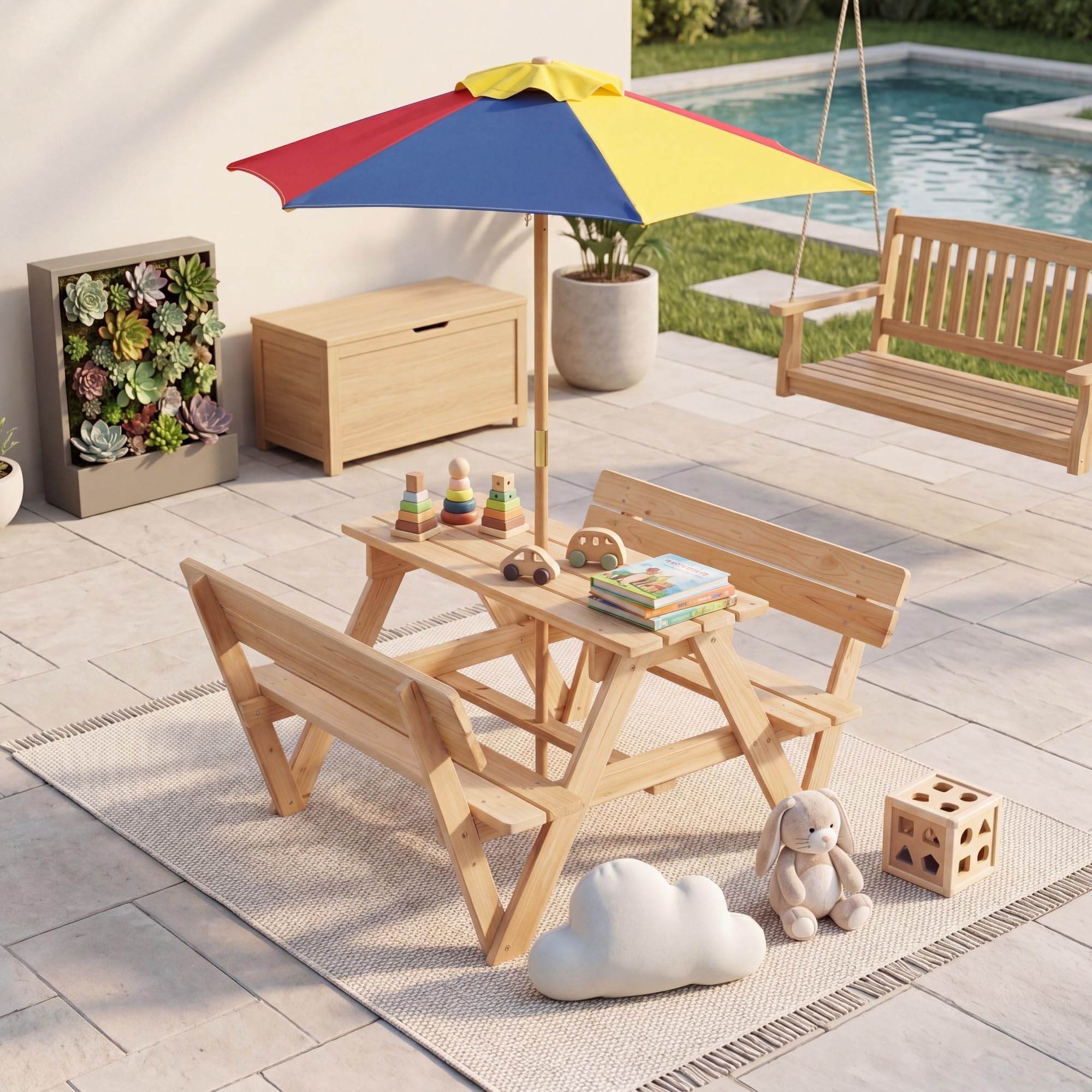 LIFEZEAL Mesa Picnic Infantil Madera, con Sombrilla | Set 2 Bancos Integrados y Respaldo, Estructura Abeto Resistente, Mueble Exterior Niños 3-8 Años Jardín Patio Playa