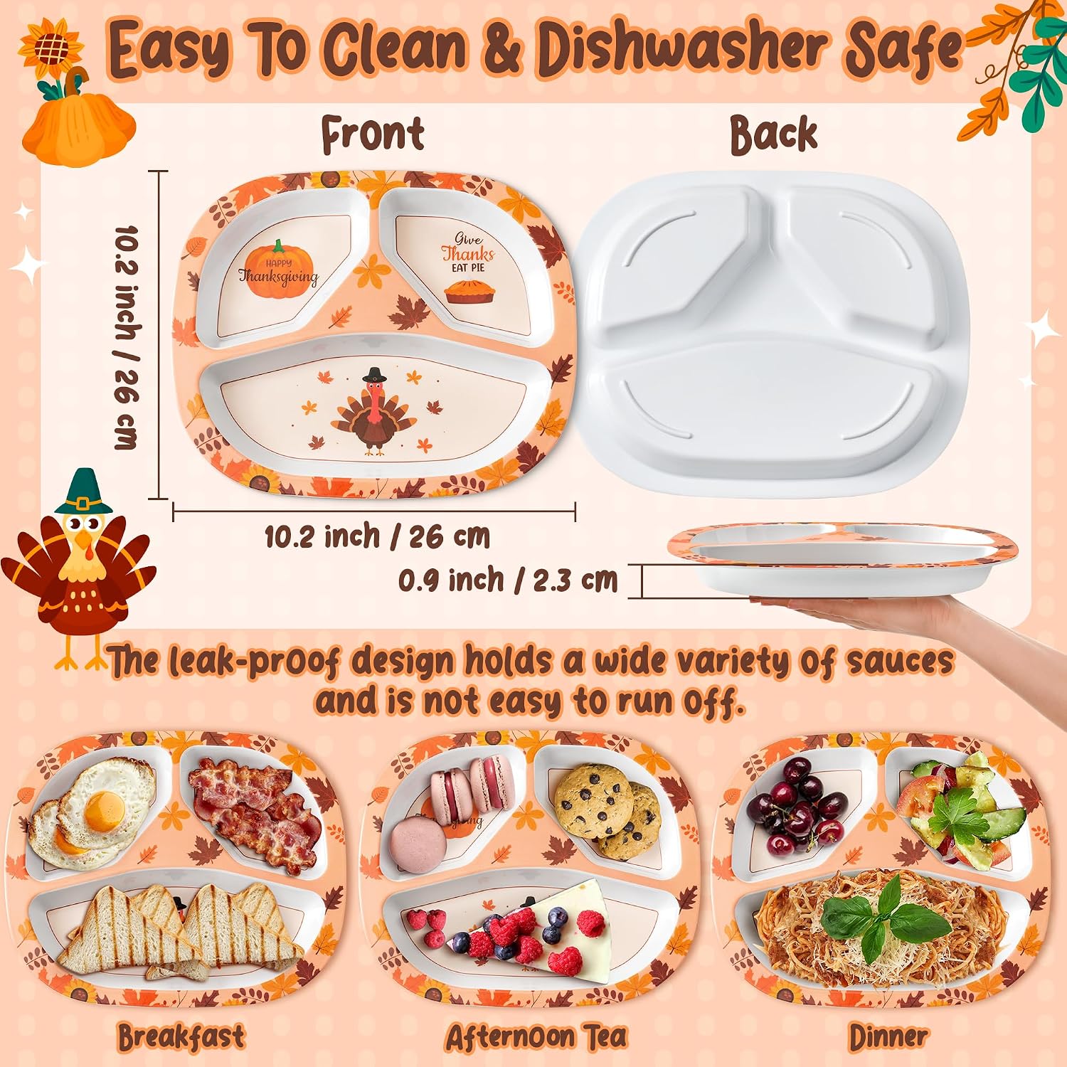 R HORSE Thanksgiving Platter Gift - 3 Section Thanksgiving Melamine Platter, Turkey Serving Tray, Fall Pumpkin Serving Dish Table Decor for Fruit Snack Dessert Outdoor Indoor Dinner Party Supplies