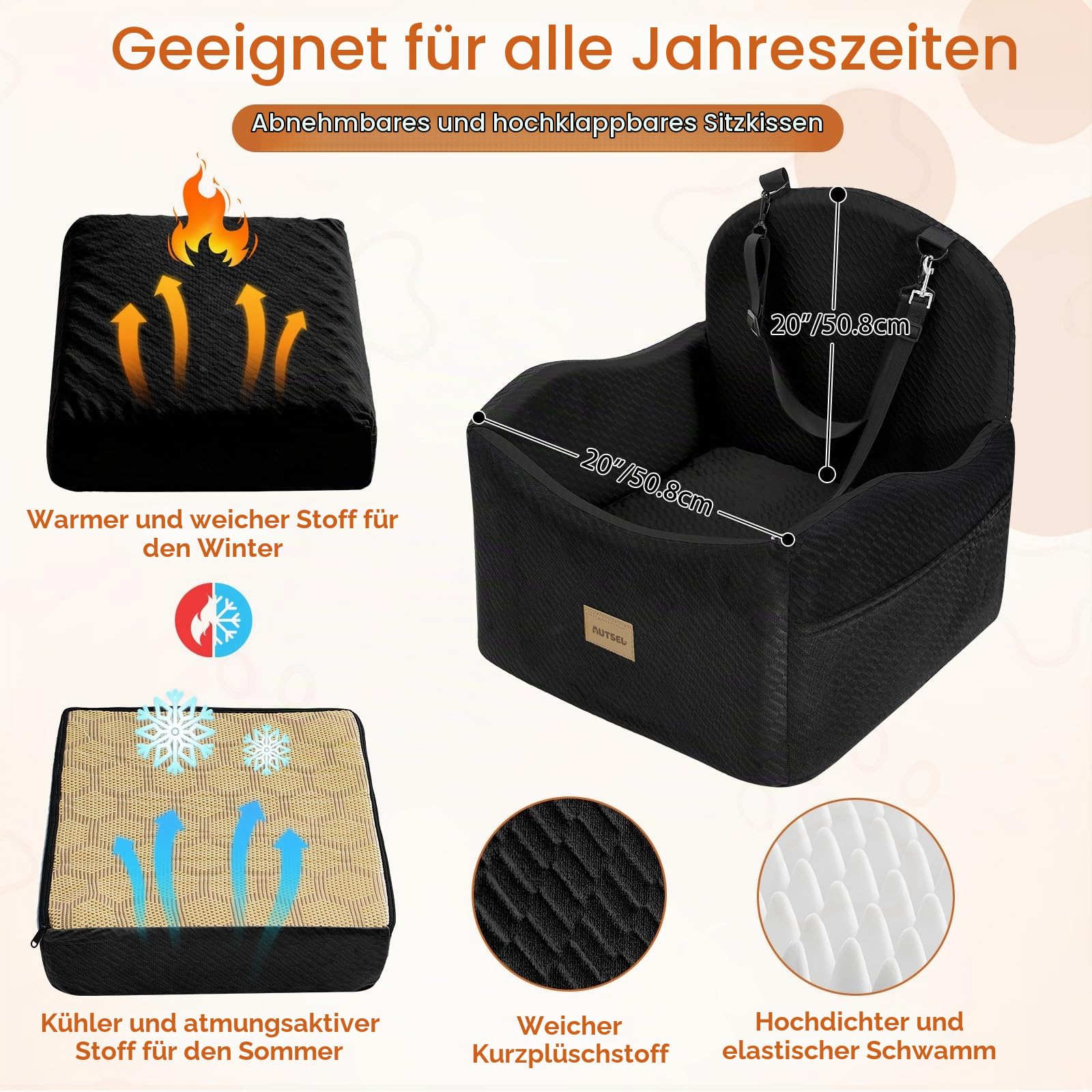 Hunde Autositz für kleine & mittlere Hunde, Wasserfest Hundesitz Auto | waschbarer Autositz Hund mit Sicherheitsgurt & Taschen, rutschfest, erhöhtes Hundebett für Rückbank & Beifahrersitz