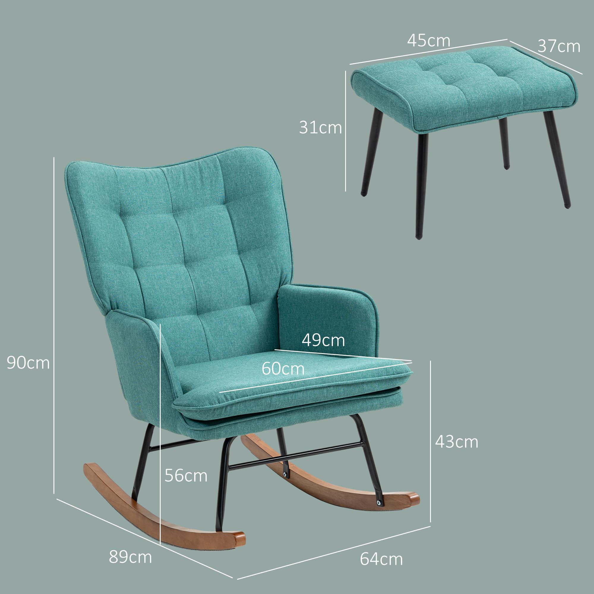 HOMCOM Silla Mecedora con Reposapiés, Sillón de Relax, con Cojín Acolchado, Respaldo Alto, Reposabrazos y Patas de Madera, Carga 130 kg, para Salón, Dormitorio, Verde Azulado