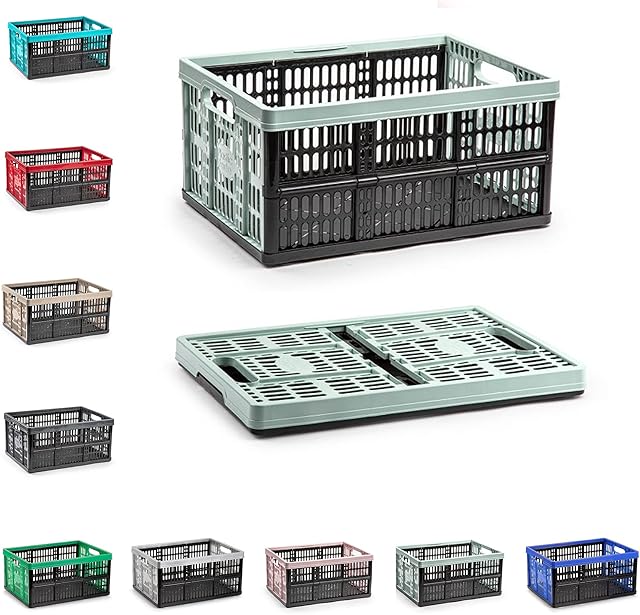 32L Multi-Purpose Folding Collapsible Plastic Storage Boxes Crates Portable Stackable Container Basket for Home Office Garage Tools, Soft-Touch Handles (Black & Mint Green)