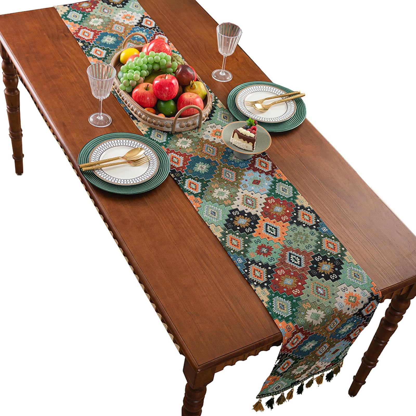 Runner da Tavolo Poliestere Cotone 33x400 cm, Runner da Tavola Moderno Lavabile Motivo Rombi Jacquard con Nappe Decorazioni per Tavolino da Compleanni Matrimoni, Blu Verde