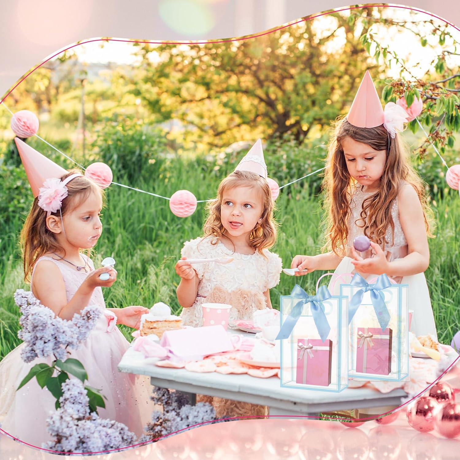 12 przezroczystych torebek prezentowych z PCW z uchwytami, plastikowe torebki na imprezę, z taśmą, wielokrotnego użytku, na wesele, dla panny młodej, baby shower, urodziny (jasnoniebieskie, 15 x 24 x