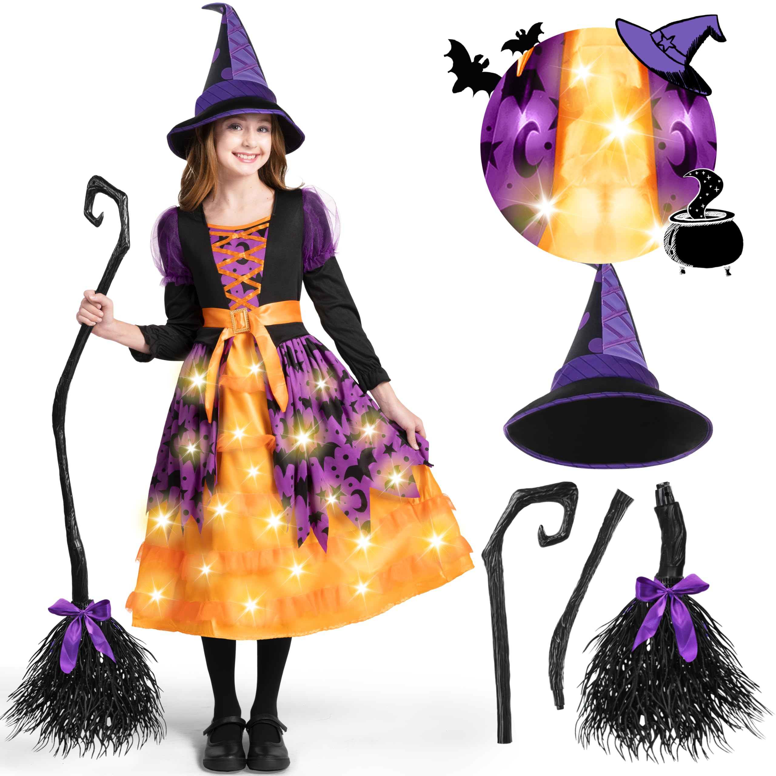 Spooktacular Creations Girl Light Up Orange Bat Witch Tutu Costume with Hat for Kids, Toddlers for Halloween Costume Dress Up
