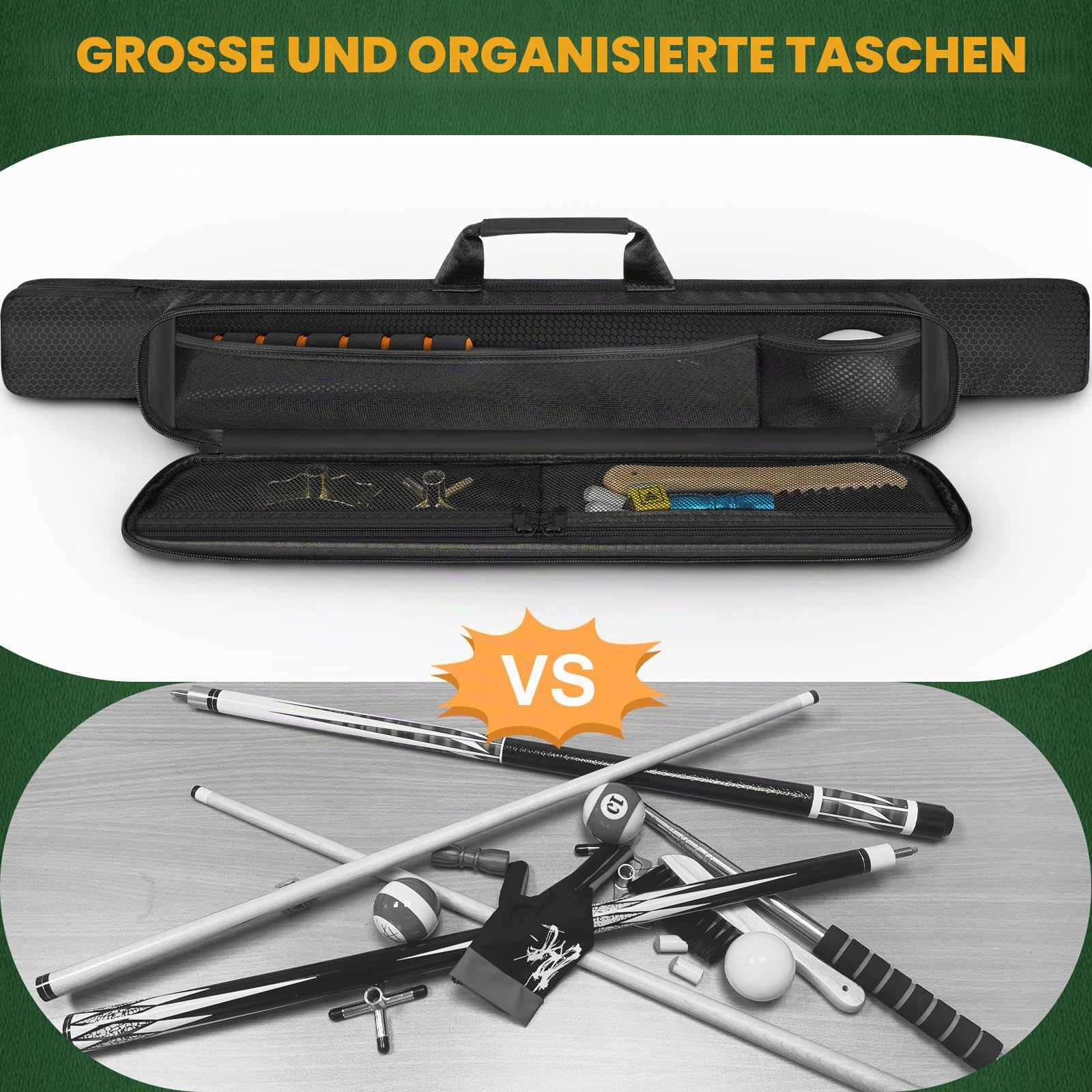 PEKREWS Billard Queue Tasche, Pool Cue Bag 1×1 für 1 Unterteil und 1 Schaft mit Reißverschlusstasche, Schultergurt und Tragegriff, Weiche Tragetasche für 1/2 Billard Stick für Damen und Herren