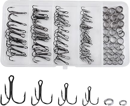 Treble Hooks and Split Rings Kit, 130Pcs Assorted Classic High Carbon Steel Fishing Triple Hooks Heavy Duty Stainless Steel Split Ring for Fishing Lures Saltwater Freshwater