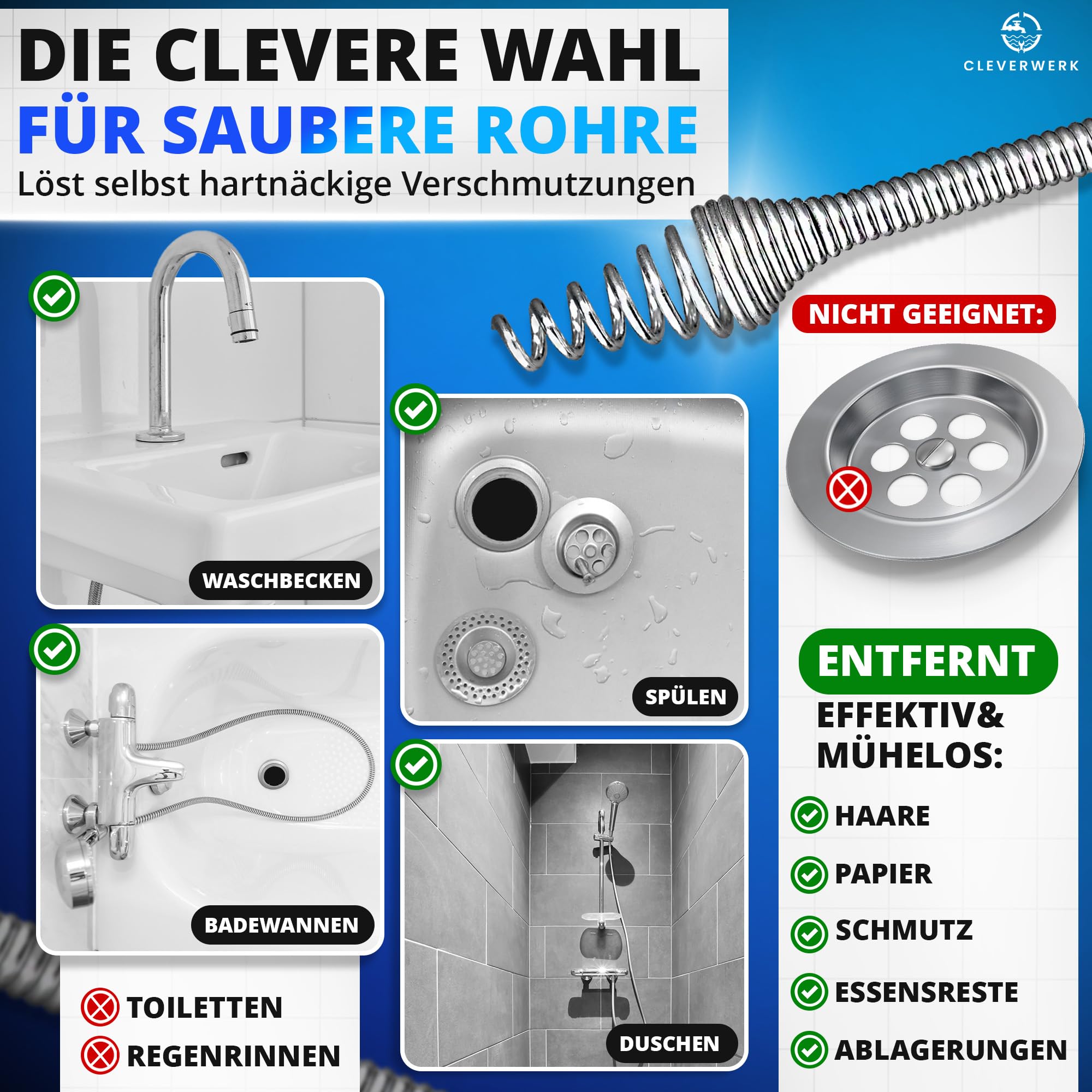 Rohrreinigungsspirale NEU [Spannfutter]7,5m lange Abflussspirale┃ Rohrreiniger Spirale mit Metermarkierungen┃Abflussreiniger Spirale Abfluss Rohrreinigung für Waschbecken, Bad, Küche