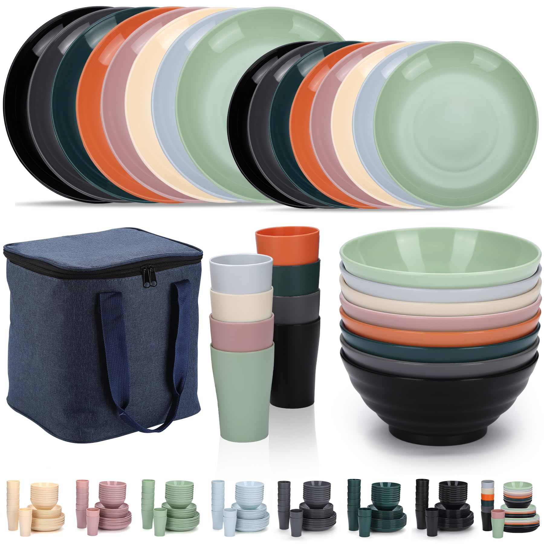 Photo 1 of ***USED ONE BOWL STAINED***Plastic Dinnerware Sets 32 Piece Service for 8 With a Portable Oragnizer Bag, Reusable Plates and Bowls Sets include Cups, Bowls, Dishes for Home, Camping, Picnic, Outdoor (Mutil Color) 1.Mutil Color