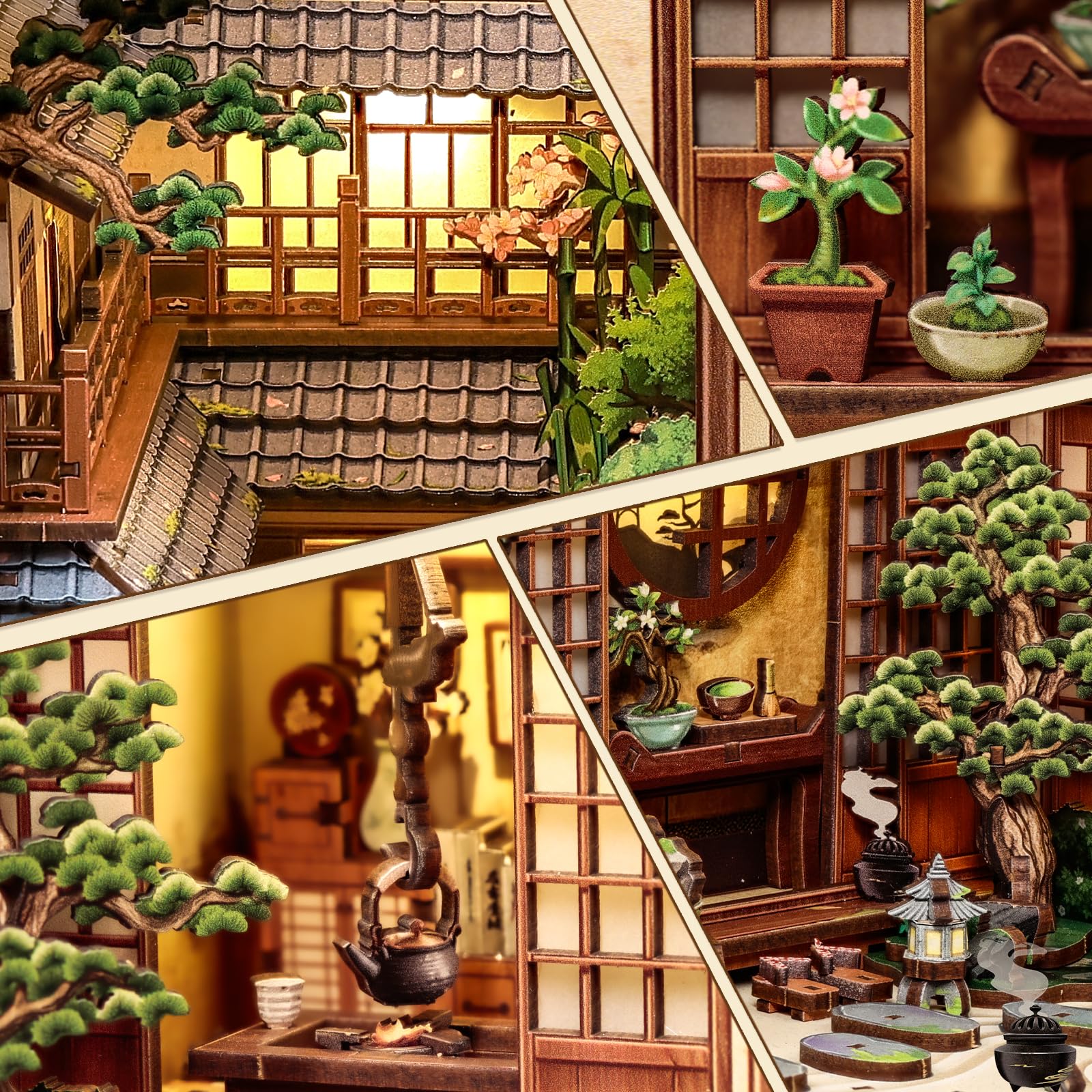 Fsolis Zestaw Book Nook Miniaturowy domek dla lalek - drewniane puzzle 3D dla dorosłych, dekoracja regału i prezent dla entuzjastów majsterkowania (ogród spokoju)