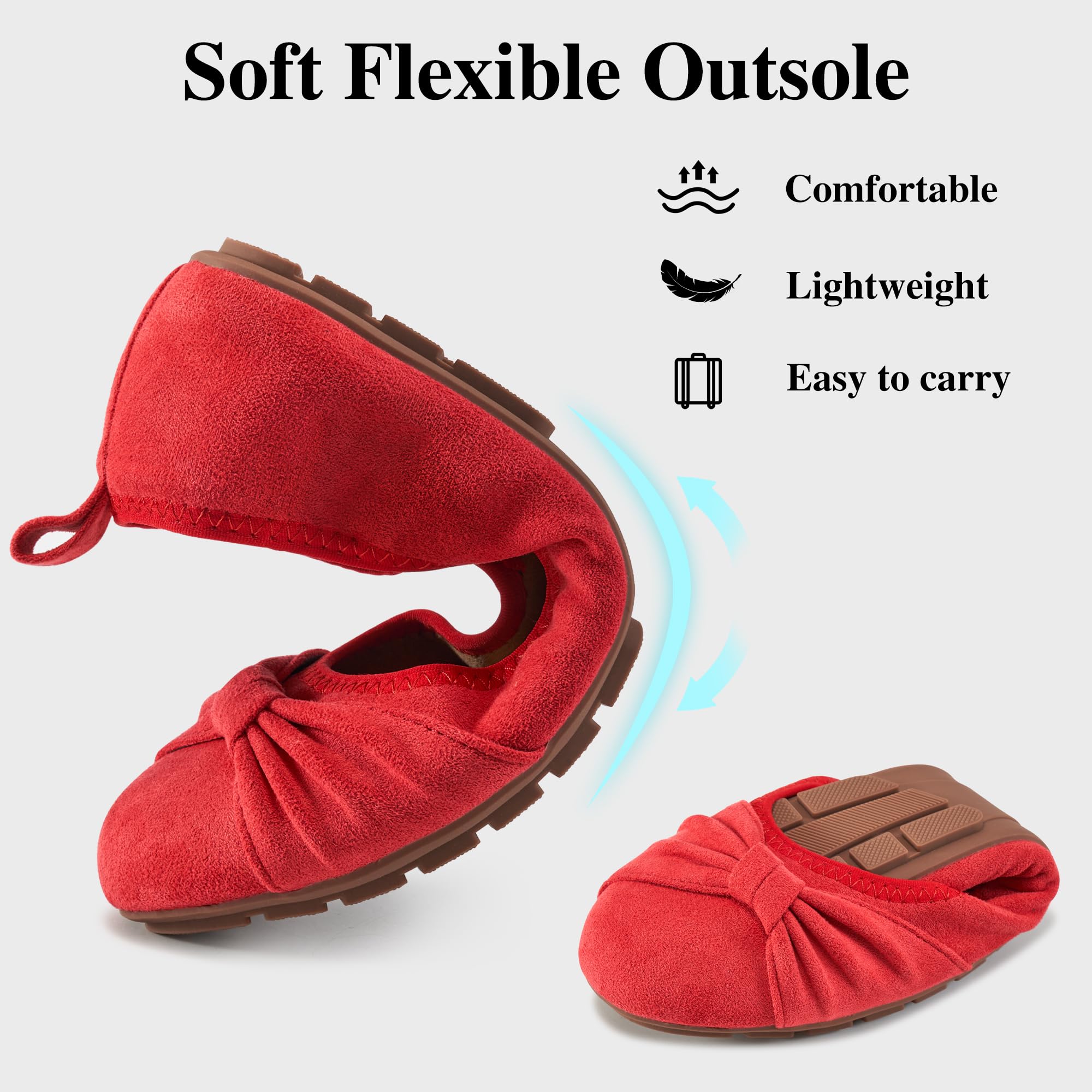 Ecetana Women's Ballet Flats Shoes Dressy Round Toe Bowknot Slip Ons Comfortable Suede Foldable Loafers for Casual Work Business: 7.5 Red