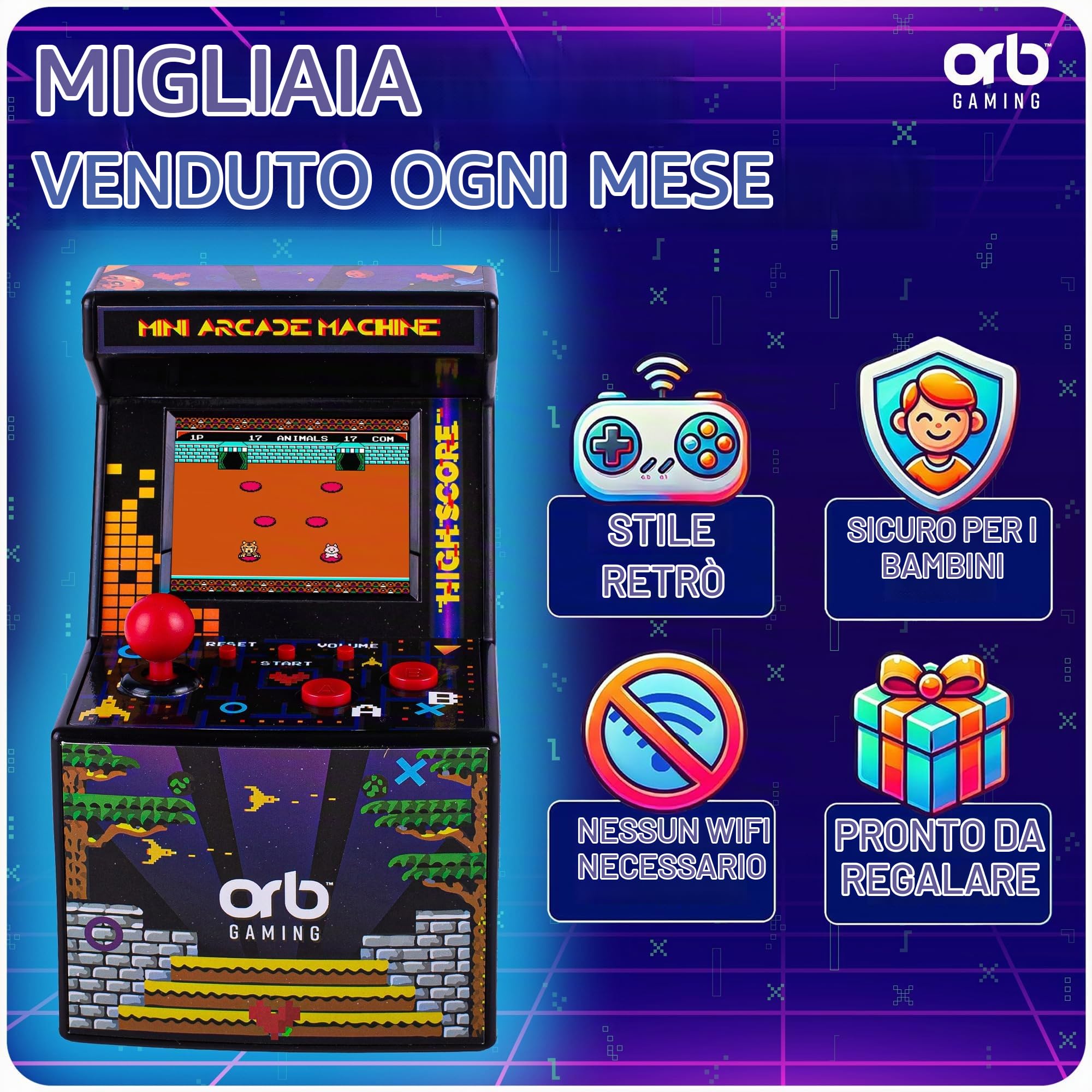 Orb - Mini Arcade Machine, 300 giochi in-built, giochi arcade retrò a 8 bit, schermo a colori da 2,5", joystick a 8 vie, 2 pulsanti, controllo del volume