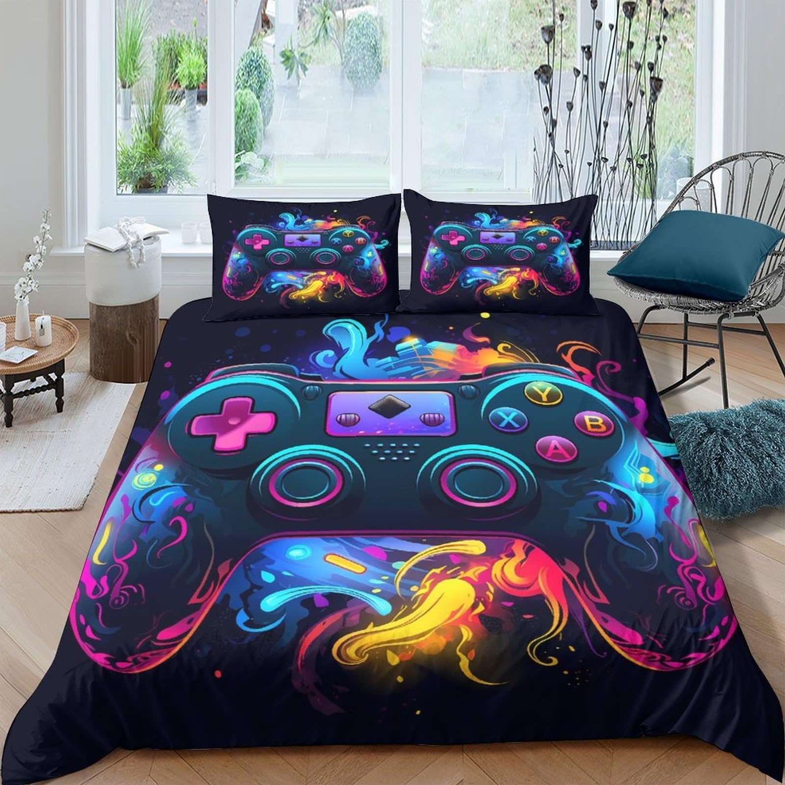 Ctjqhvkz Style-2 3D Printed Neon Game Controller Fitted Sheet Microfiber Soft Breathable Graffiti Splash Bed Cover For Adults Teens Bedroom Decor Single（135X200cm）